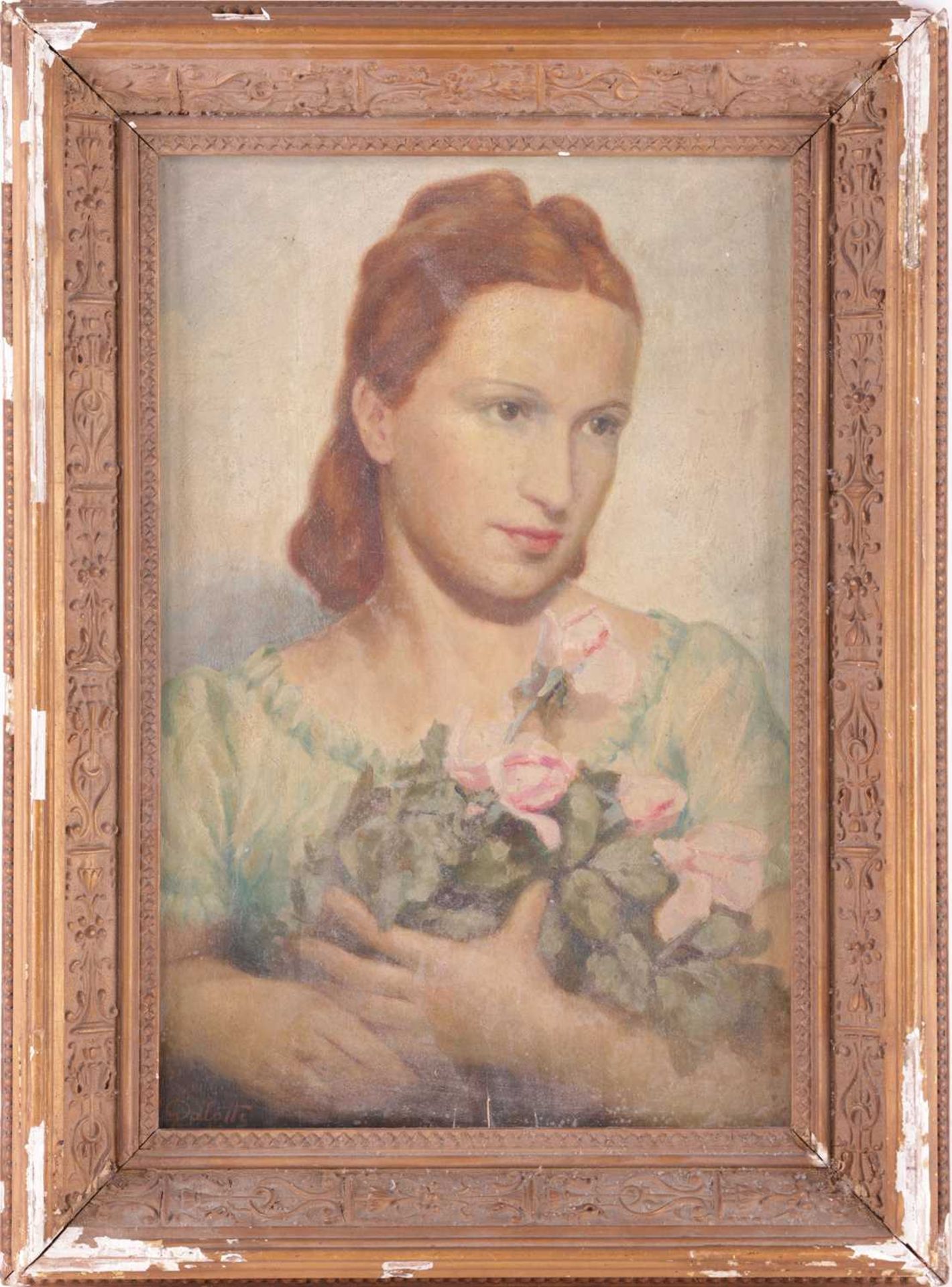 L. Palotty (Italian, 20th century), Portrait of a lady holding roses, signed 'L. Palotty Forli' (low - Bild 2 aus 10