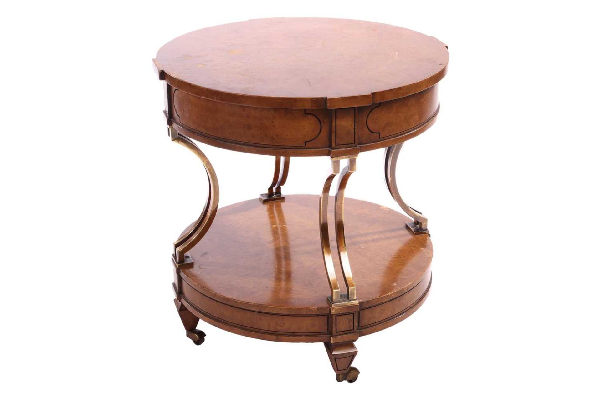 A French Empire-style two-tier drum burr walnut table with concave gilt brass supports over a confor - Image 2 of 10