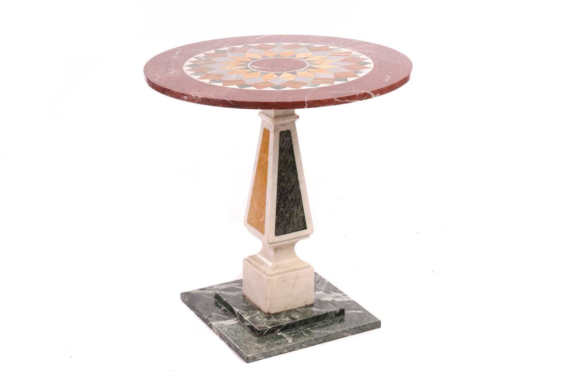 A circular pietra dura pillar table, 20th century, the top inlaid with a central stylized radiant su