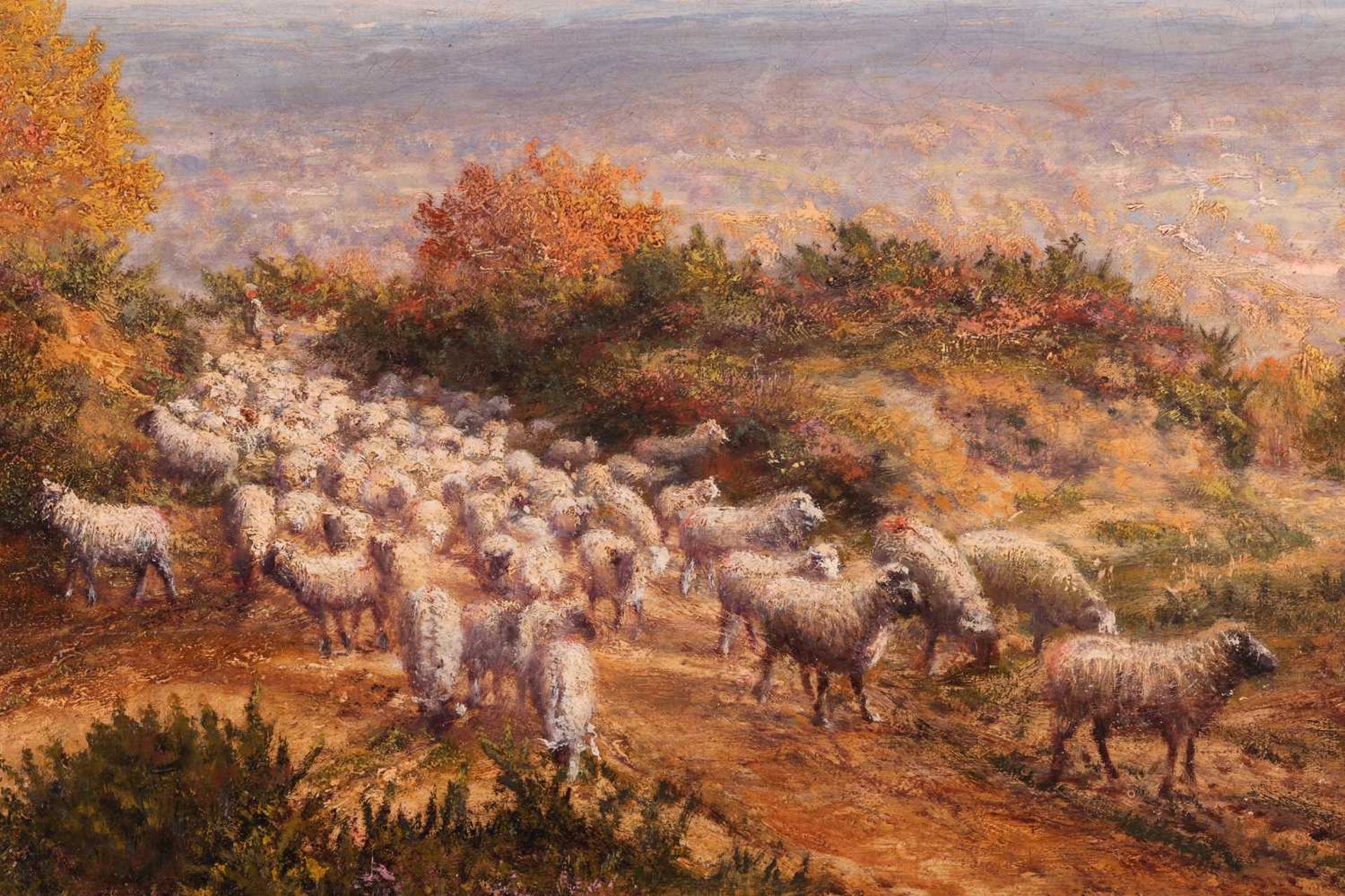 George William Mote (1832 - 1909), Landscape with a flock of sheep and traveller on a roadside, sign - Image 5 of 5