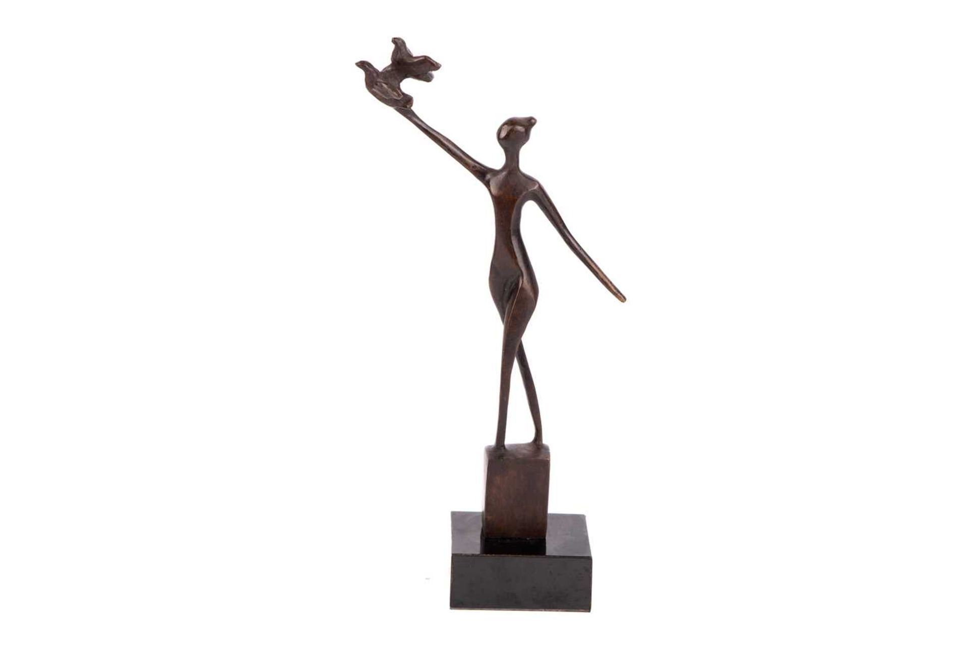 Razia Gershon (b.1931) Israeli, an abstract patinated bronze figure of a woman with two doves, prese