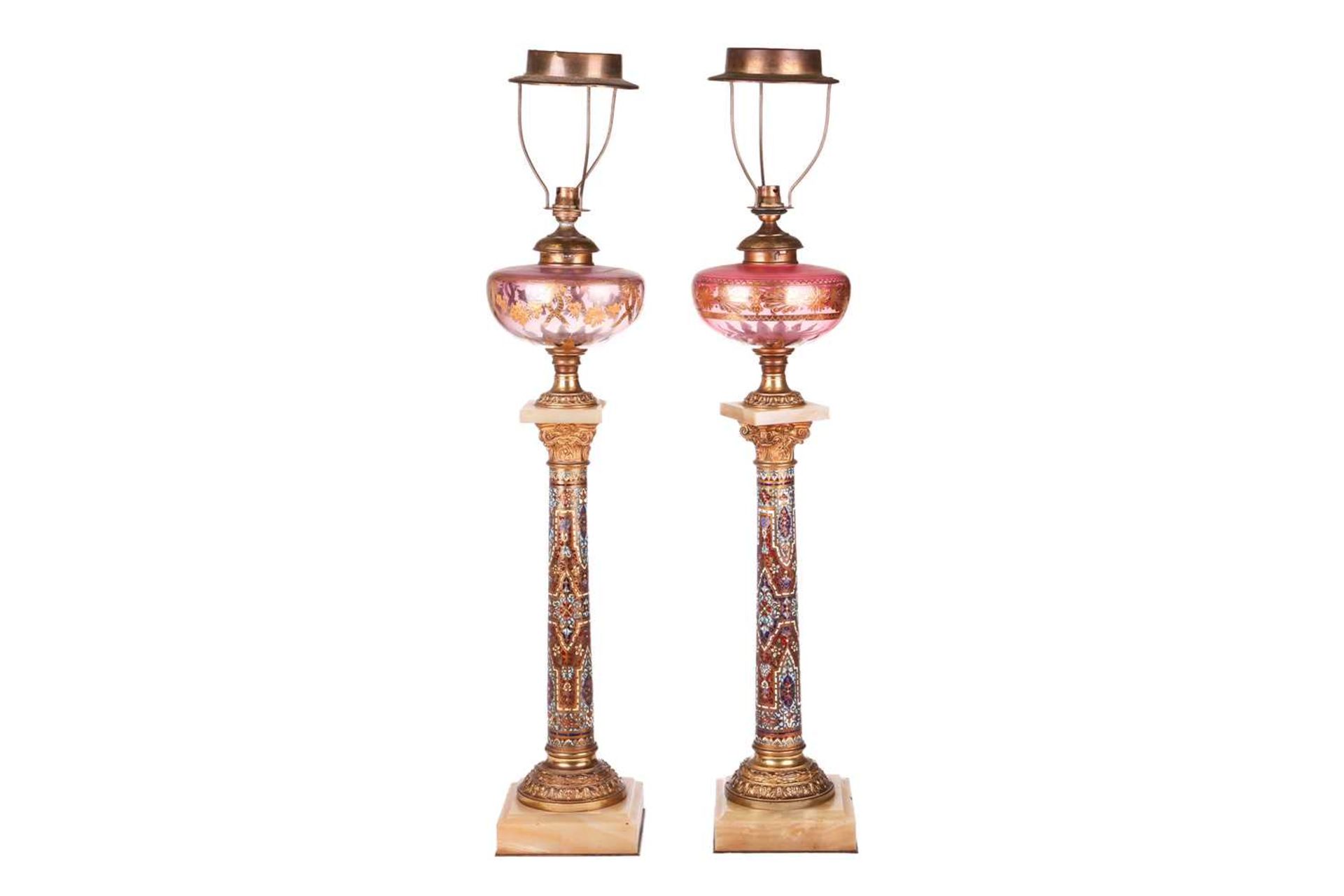 A pair of 19th-century French onyx, gilt metal and champléve enamel oil lamp bases of Corinthian col - Image 2 of 18