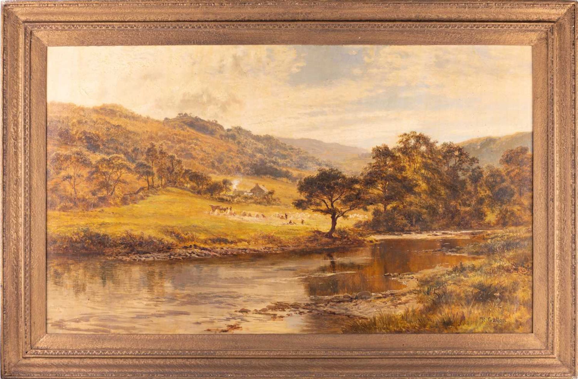 R. Gallon (1845 - 1925), Landscape with a small farmhouse, signed 'R Gallon' (lower right), oil on c - Image 2 of 12