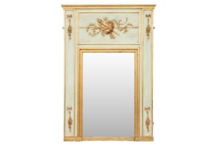 A Louis XVI-style ivory-painted trumeau mirror with gilt marshall trophy decoration to the frieze, f