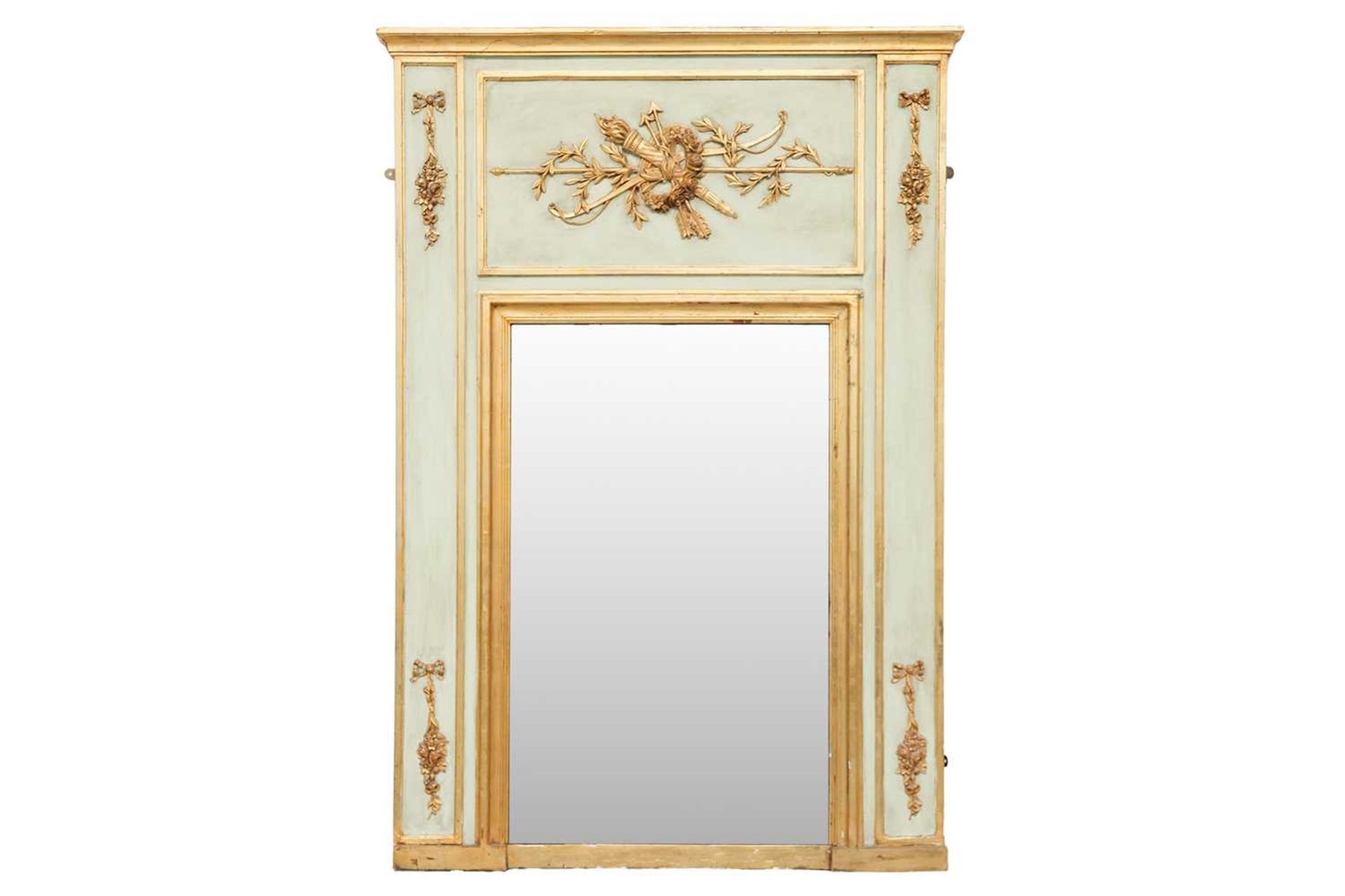 A Louis XVI-style ivory-painted trumeau mirror with gilt marshall trophy decoration to the frieze, f