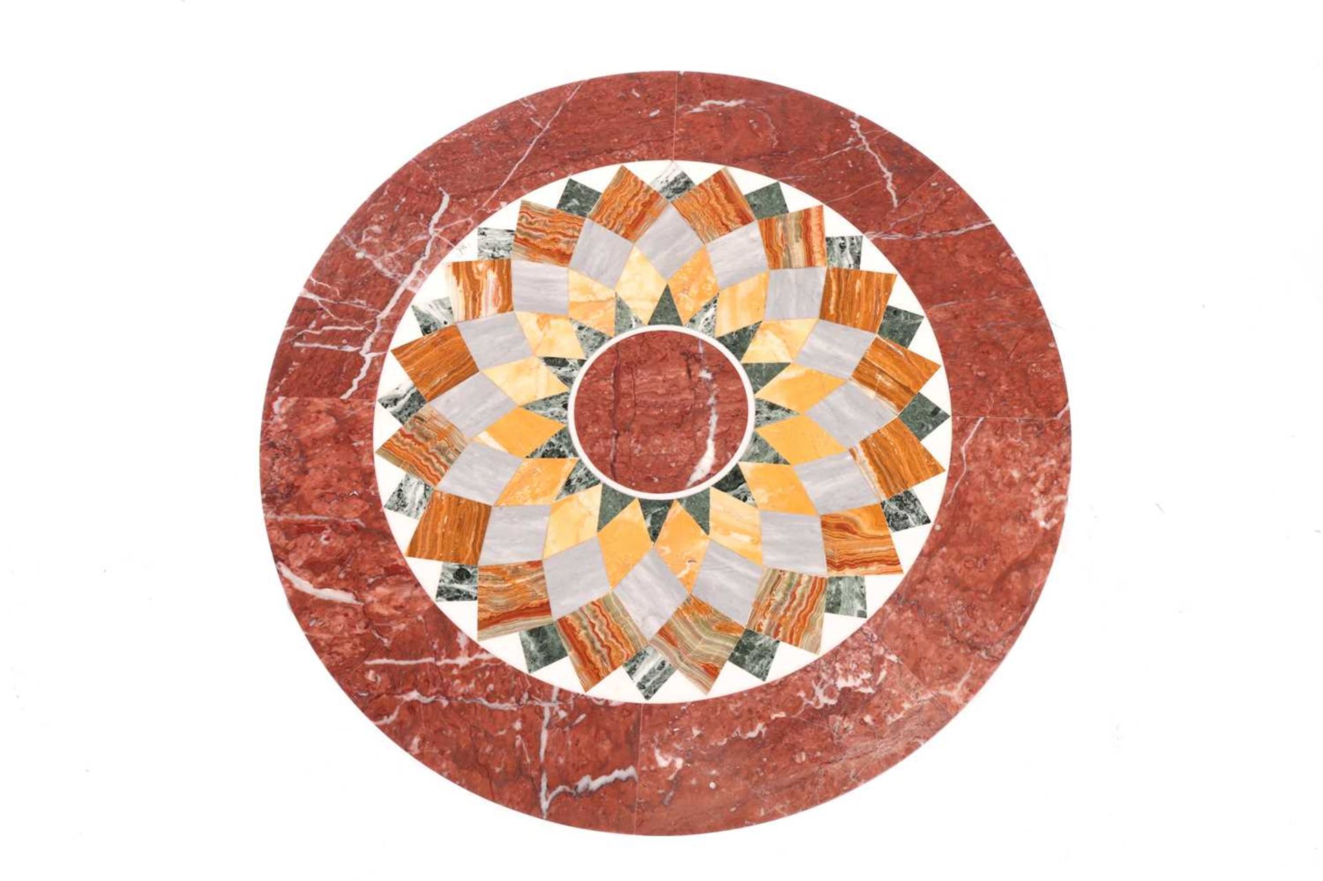 A circular pietra dura pillar table, 20th century, the top inlaid with a central stylized radiant su - Bild 4 aus 6