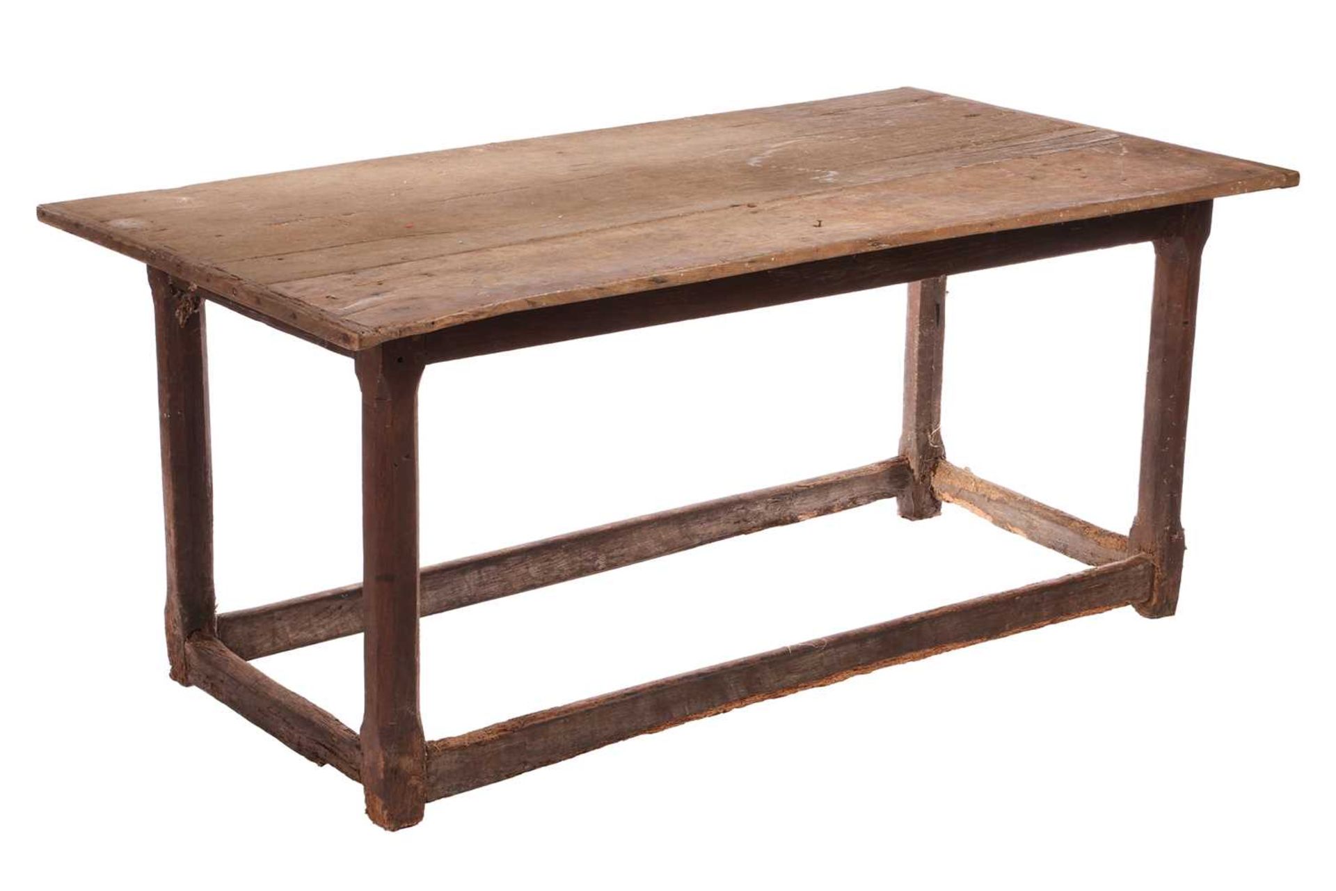 A rustic oak rectangular tavern table, 17th/18th century and later repairs, with a broad planked and - Bild 3 aus 6