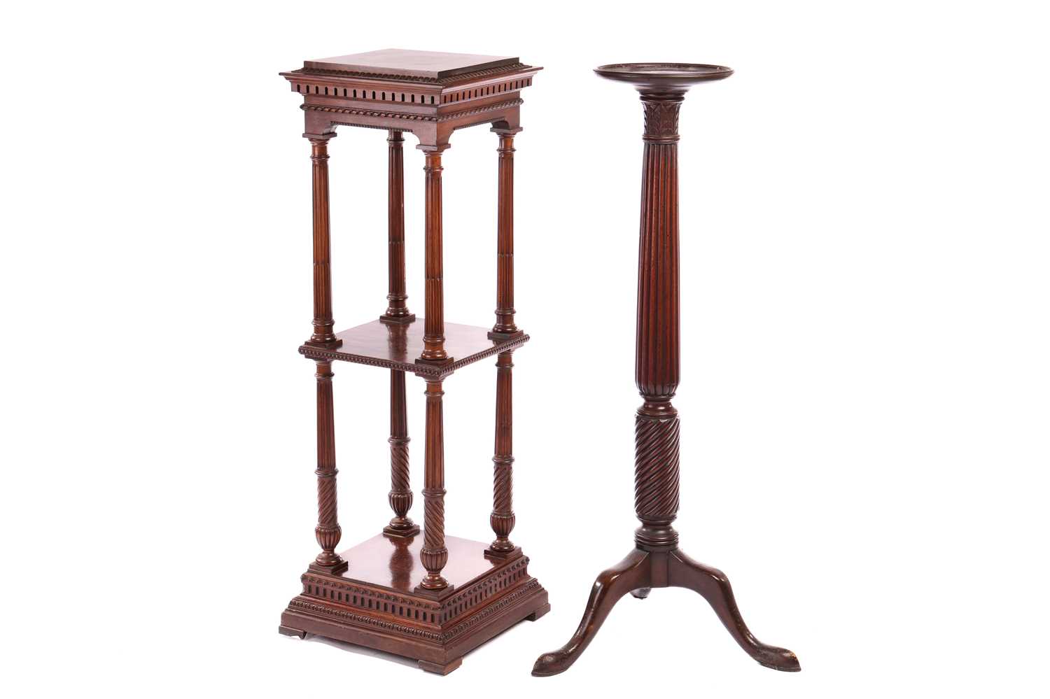 An Edwardian mahogany two-tier pedestal of architectural, form with dentil moulding and fluted colum - Image 6 of 6