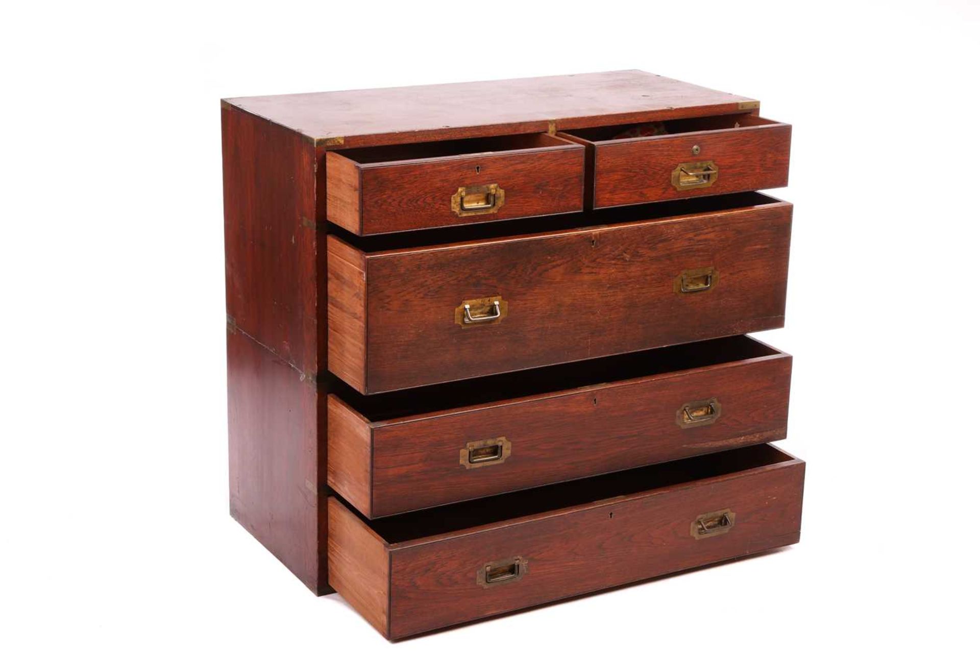 A late Victorian teakwood two-section campaign chest of two short over three long drawers, with sunk - Bild 3 aus 5