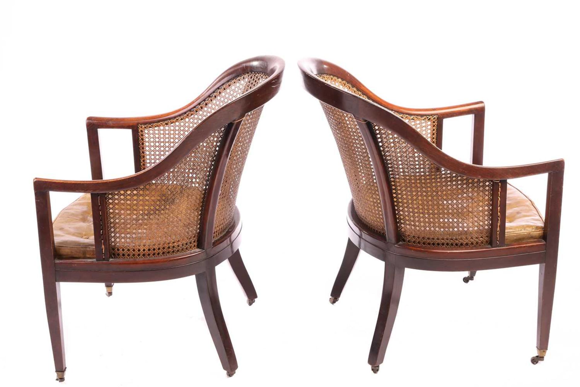 A pair of George IV-style mahogany horseshoe-backed bergerer salon armchairs, 20th-century, each wit - Image 5 of 8