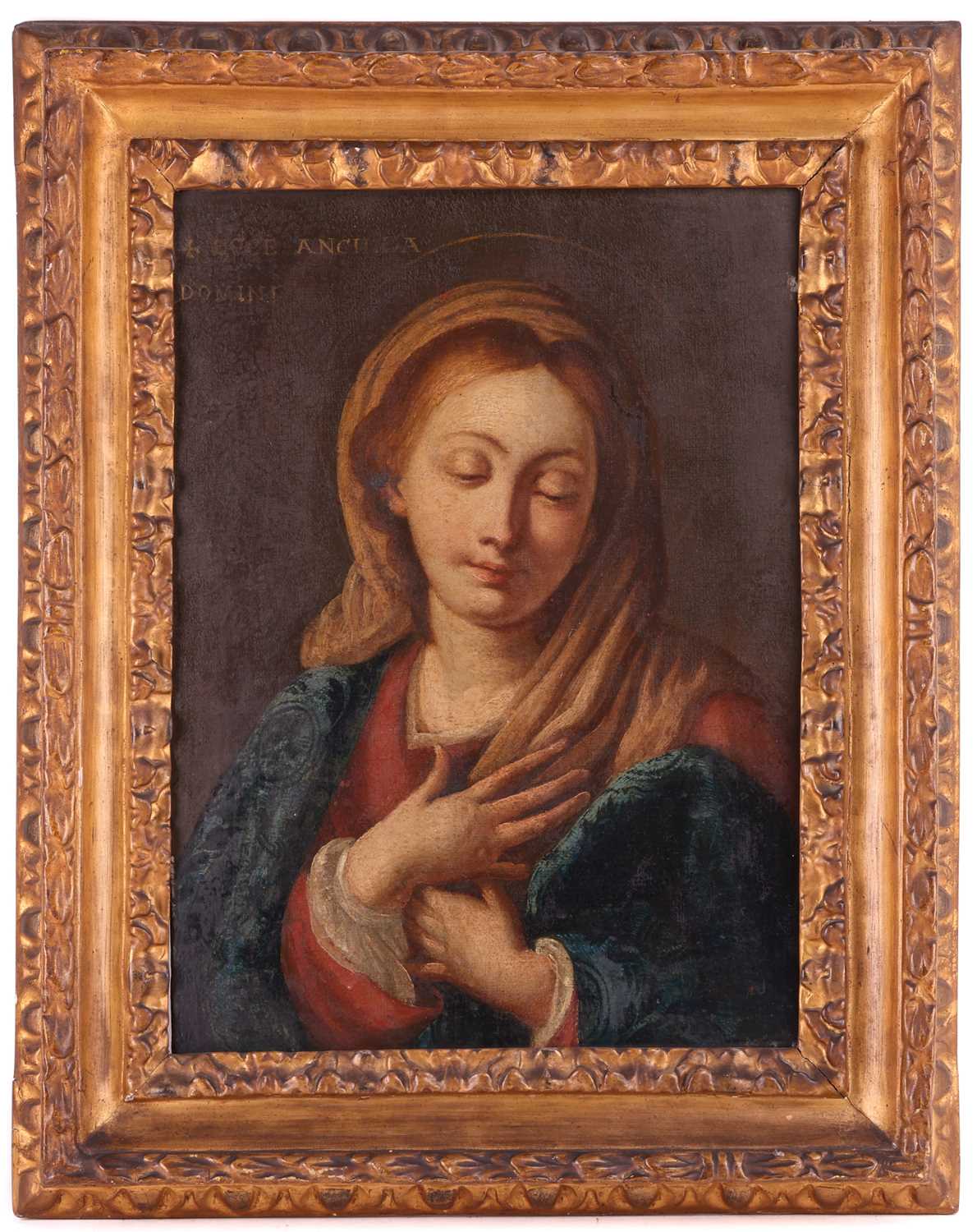 Italian School, late 17th century, Portrait of the Madonna in blue and red, inscribed top left 'Ecce - Image 2 of 7