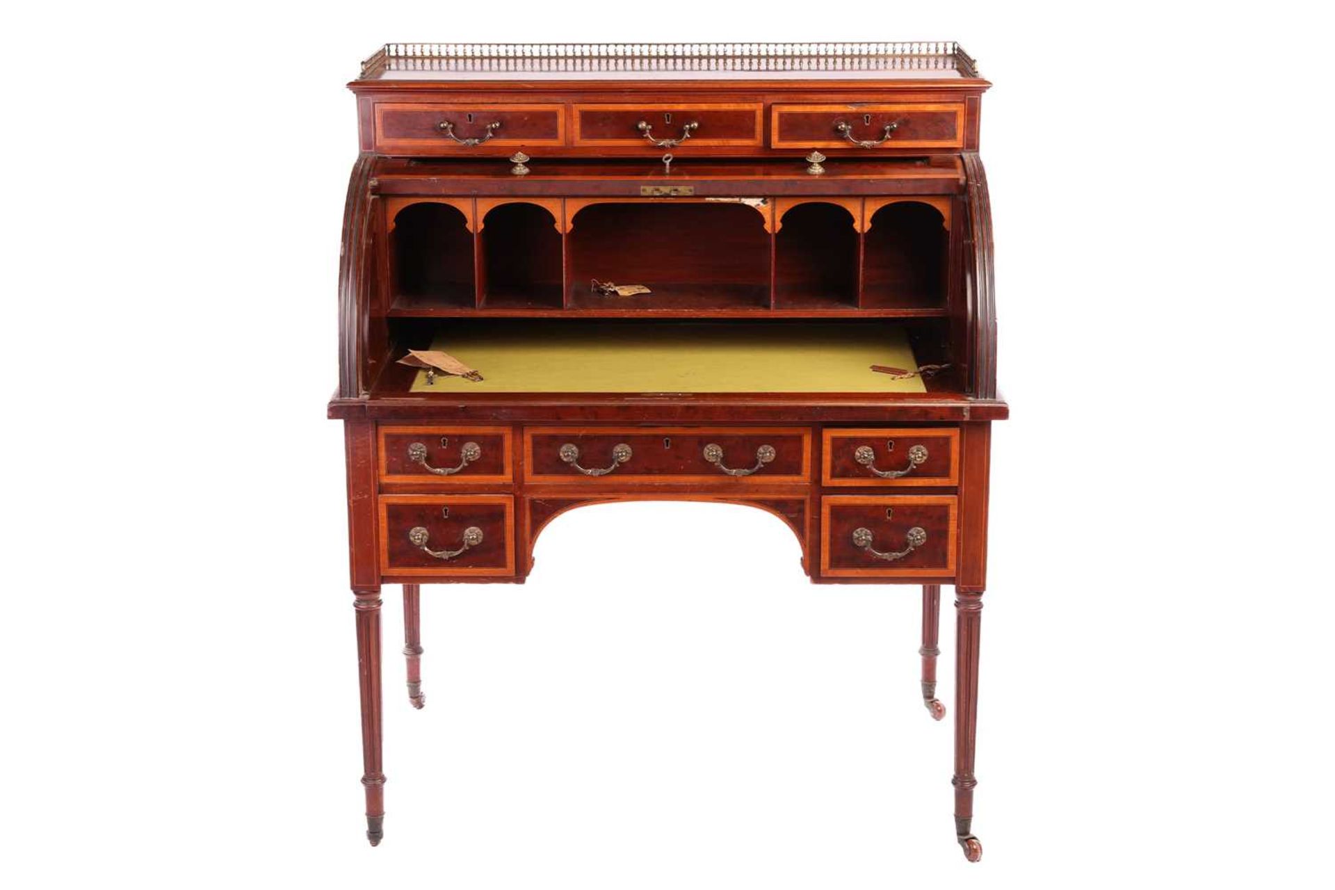 A Hobbs &amp; Co, Edwardian 'plum pudding' mahogany and marquetry cylinder writing bureau with a thr - Image 2 of 7