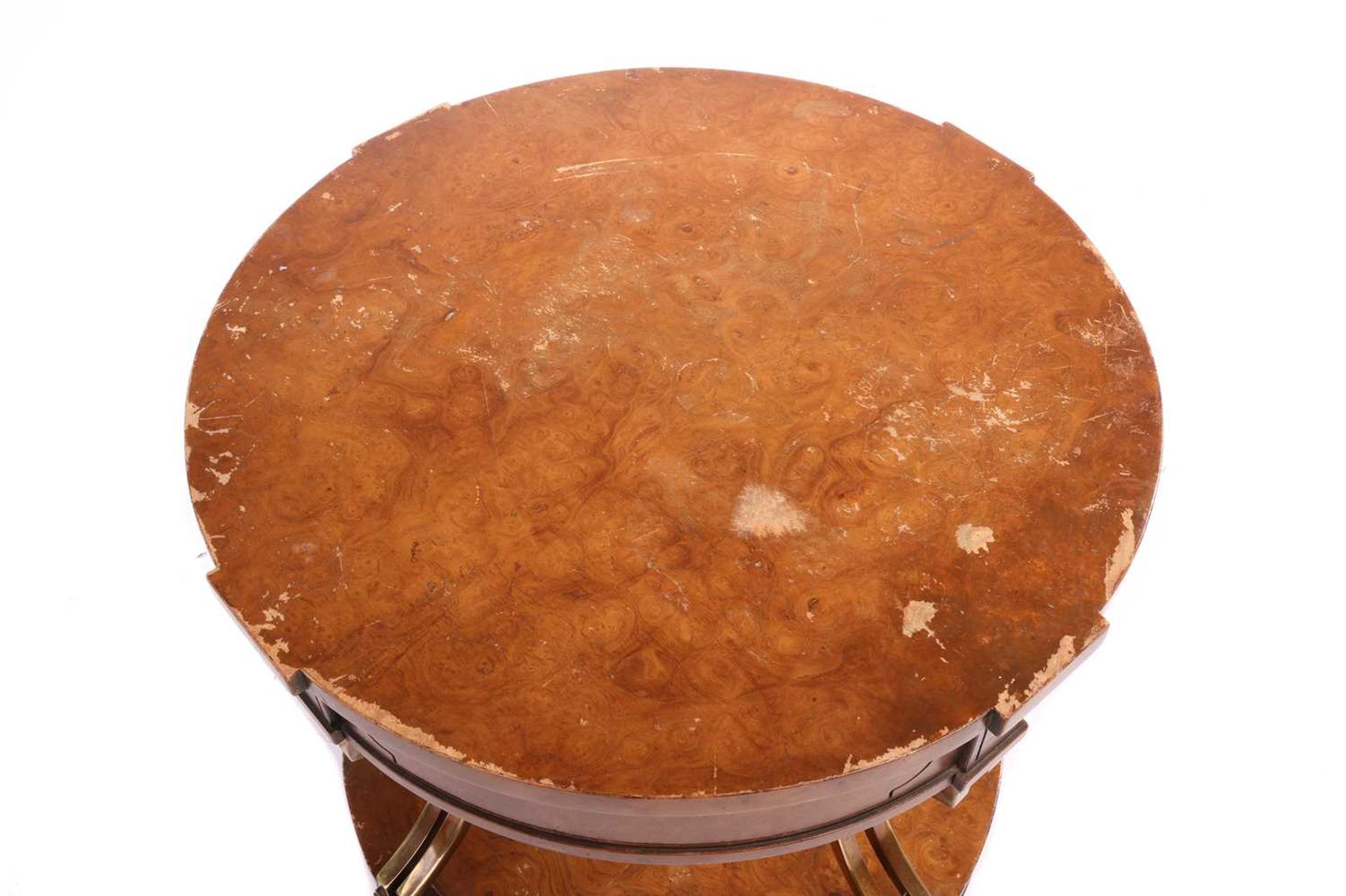 A French Empire-style two-tier drum burr walnut table with concave gilt brass supports over a confor - Image 8 of 10