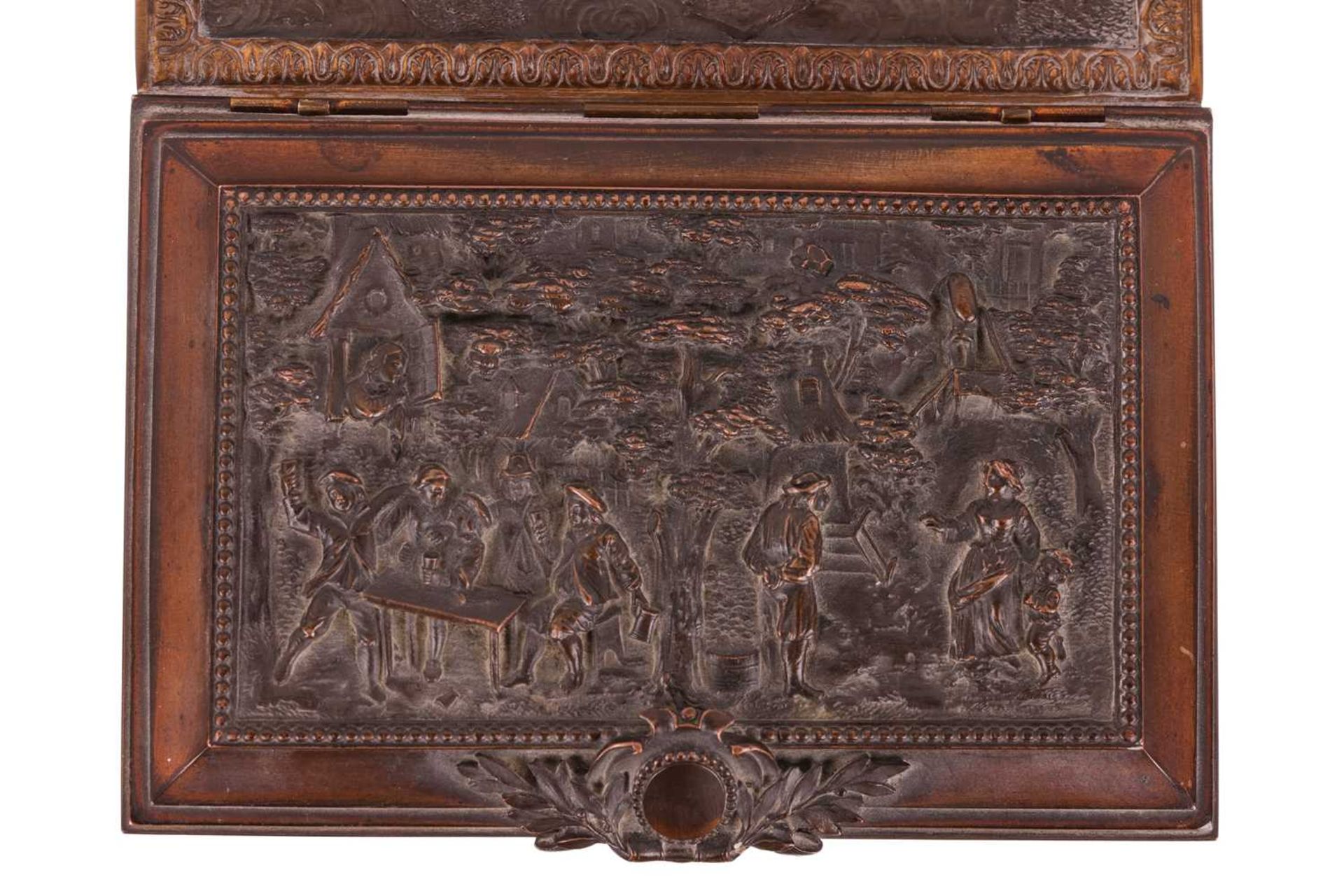 A French late 19th century gilt and oxidized bronze rectangular table casket, the caddy-top and side - Image 9 of 9
