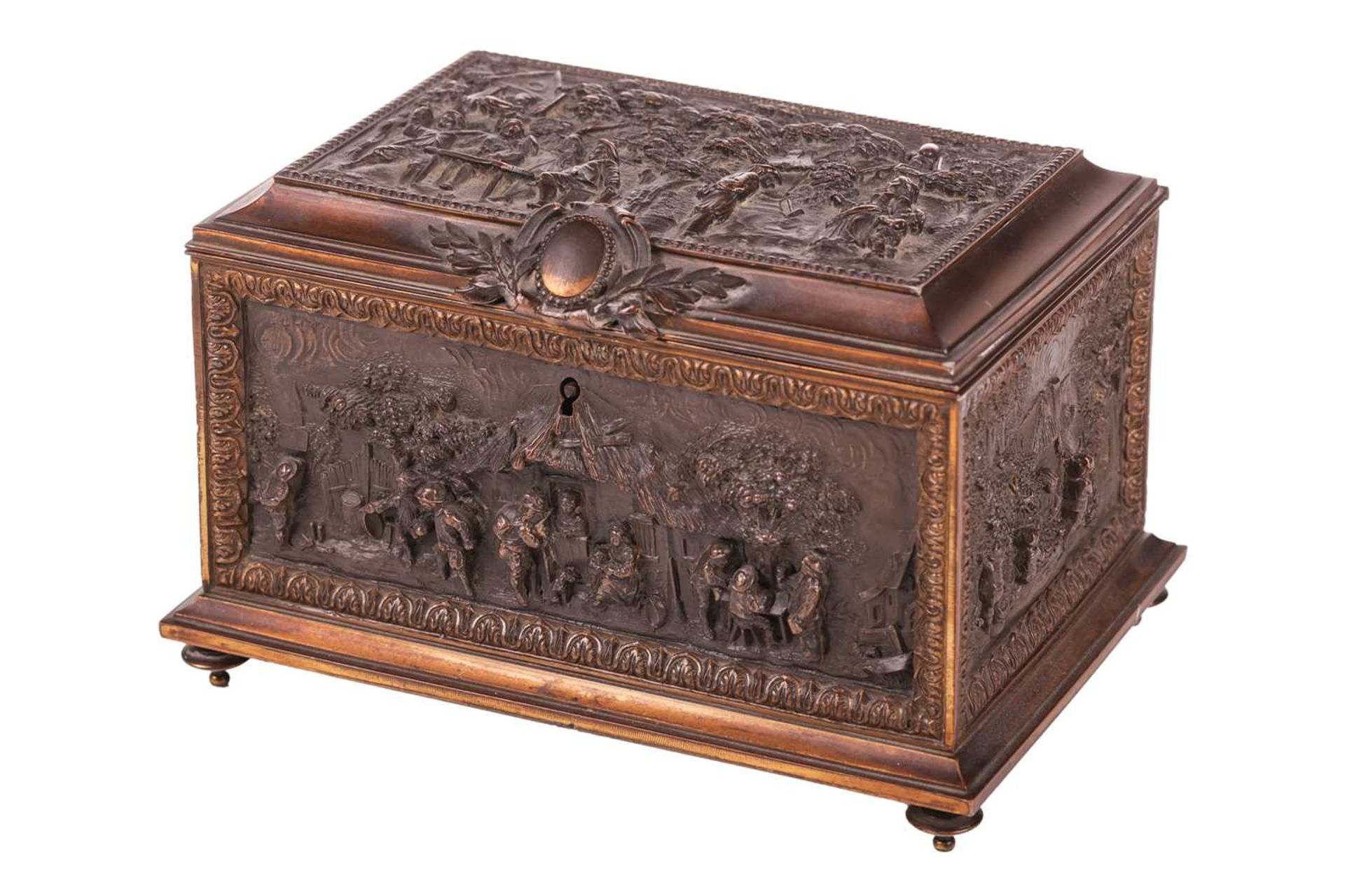 A French late 19th century gilt and oxidized bronze rectangular table casket, the caddy-top and side