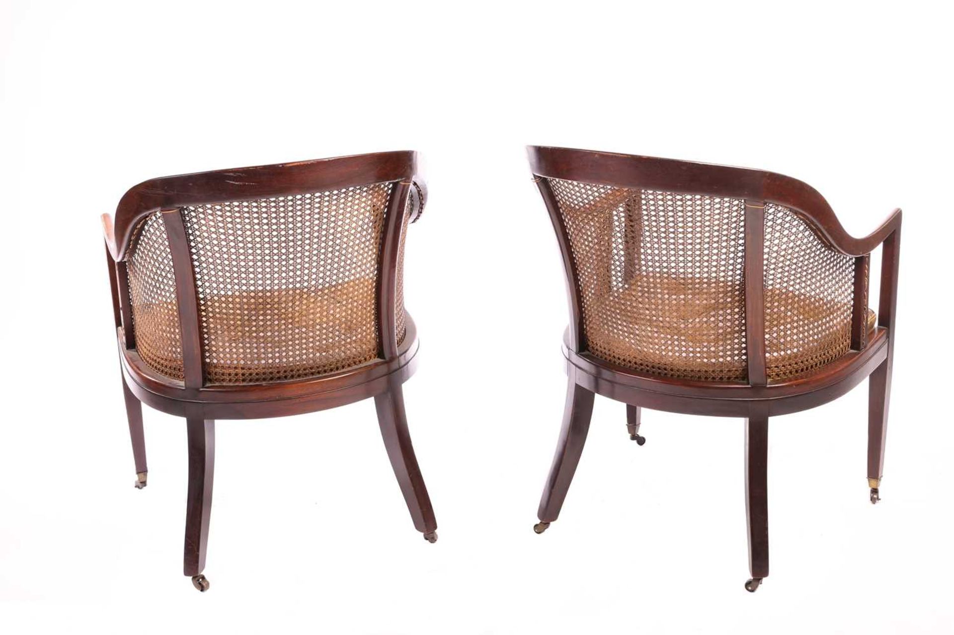 A pair of George IV-style mahogany horseshoe-backed bergerer salon armchairs, 20th-century, each wit - Image 3 of 8