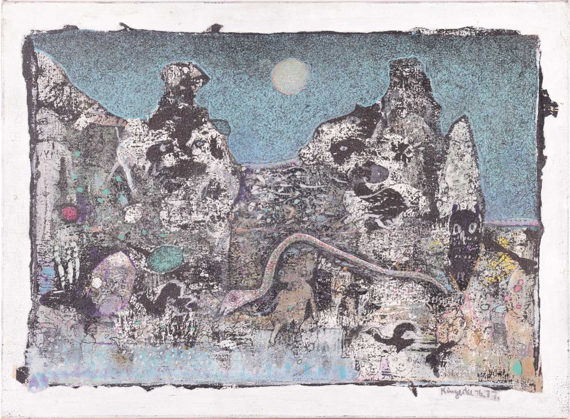 John Kingerlee (b. 1936), Abstract landscape with figures and serpent, signed 'Kingerlee 76.77' (low - Image 3 of 11
