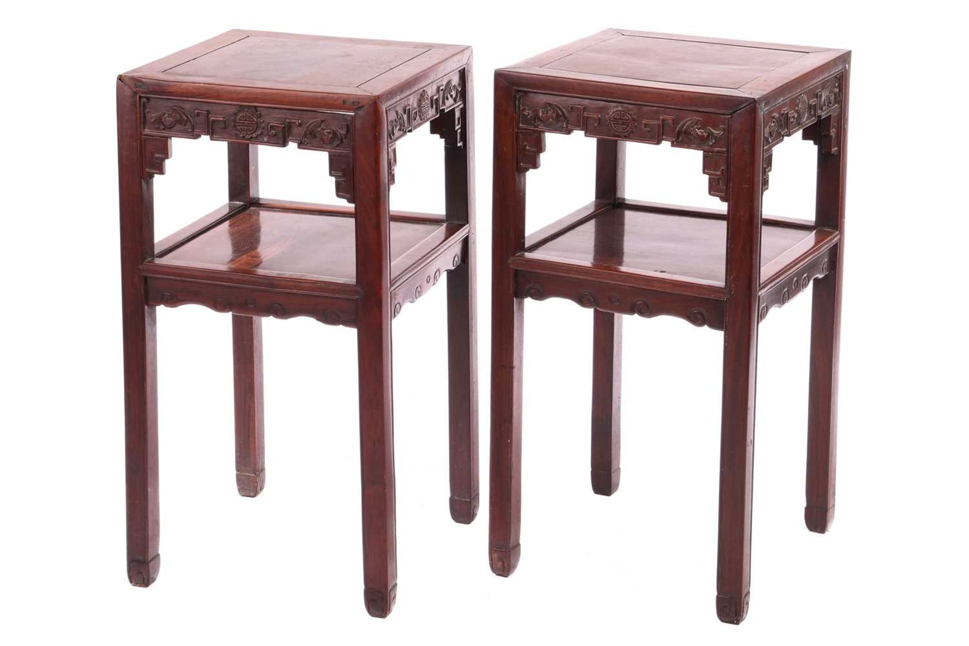 A pair of Chinese Hongmu two-tier pedestal urn tables, Qing Dynasty late 19th century, with square c