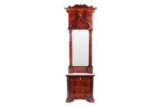 A 19th century Biedermeier or Louis Phillippe flame mahogany pier mirror and commode, the