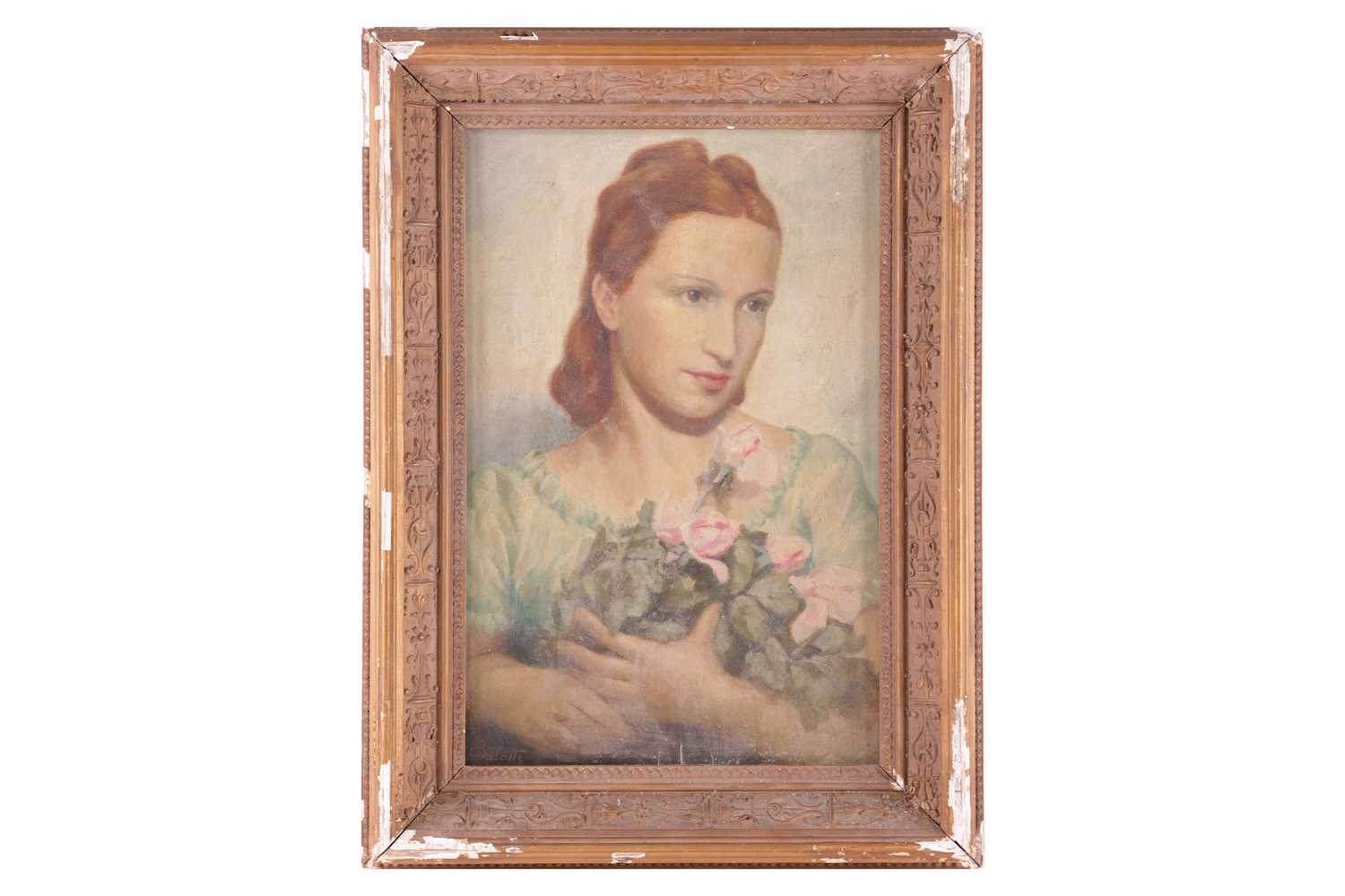 L. Palotty (Italian, 20th century), Portrait of a lady holding roses, signed 'L. Palotty Forli' (low