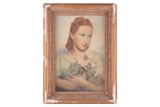 L. Palotty (Italian, 20th century), Portrait of a lady holding roses, signed 'L. Palotty Forli' (low