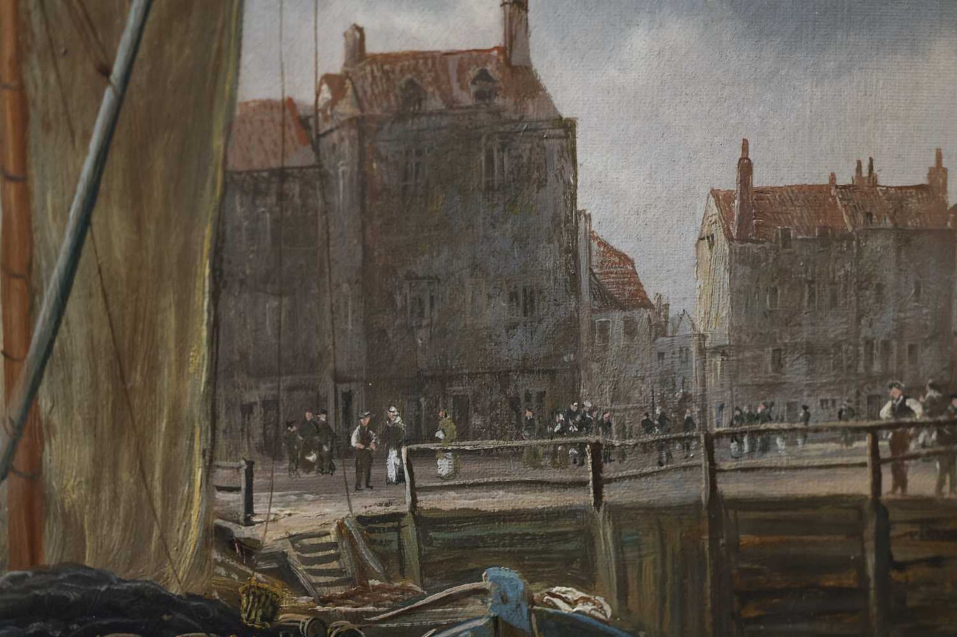 Attributed to William Howard (1879 - 1945) German, Vessels in a town harbour, unsigned, oil on canva - Image 6 of 8
