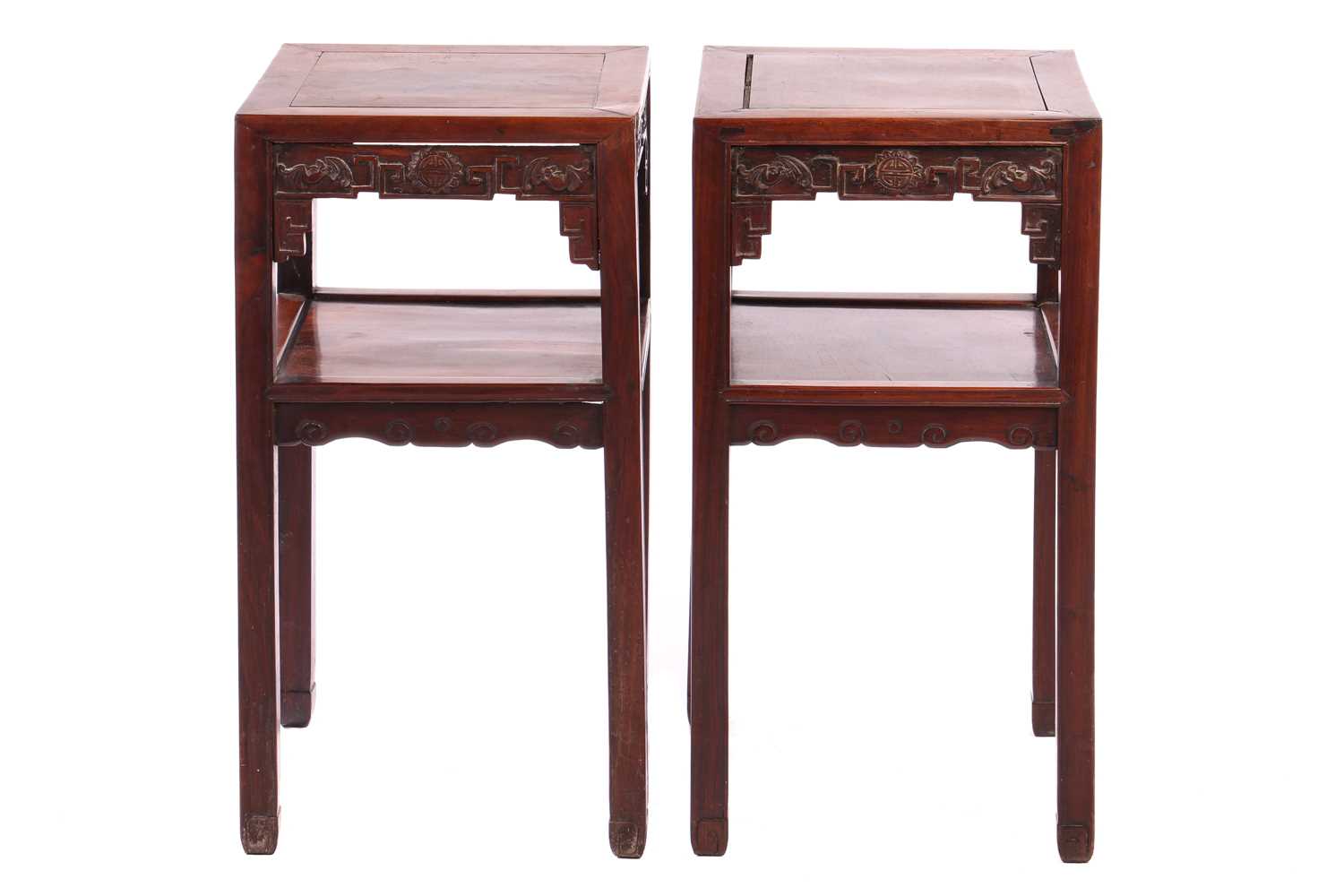 A pair of Chinese Hongmu two-tier pedestal urn tables, Qing Dynasty late 19th century, with square c - Image 5 of 5