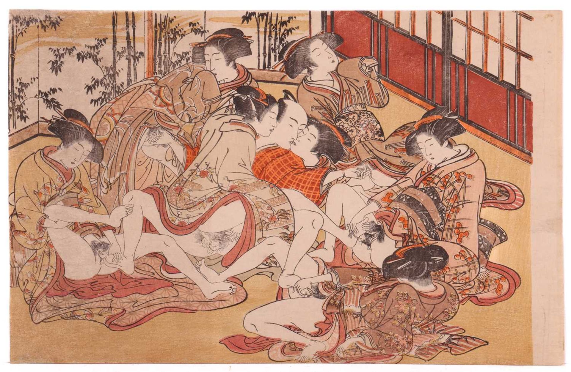 A small collection of Japanese Edo period erotic woodblock prints (Shunga) including Shuncho, Katsuk - Image 7 of 12