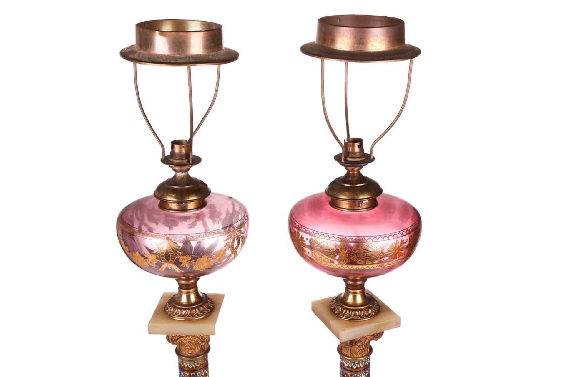 A pair of 19th-century French onyx, gilt metal and champléve enamel oil lamp bases of Corinthian col - Image 3 of 18