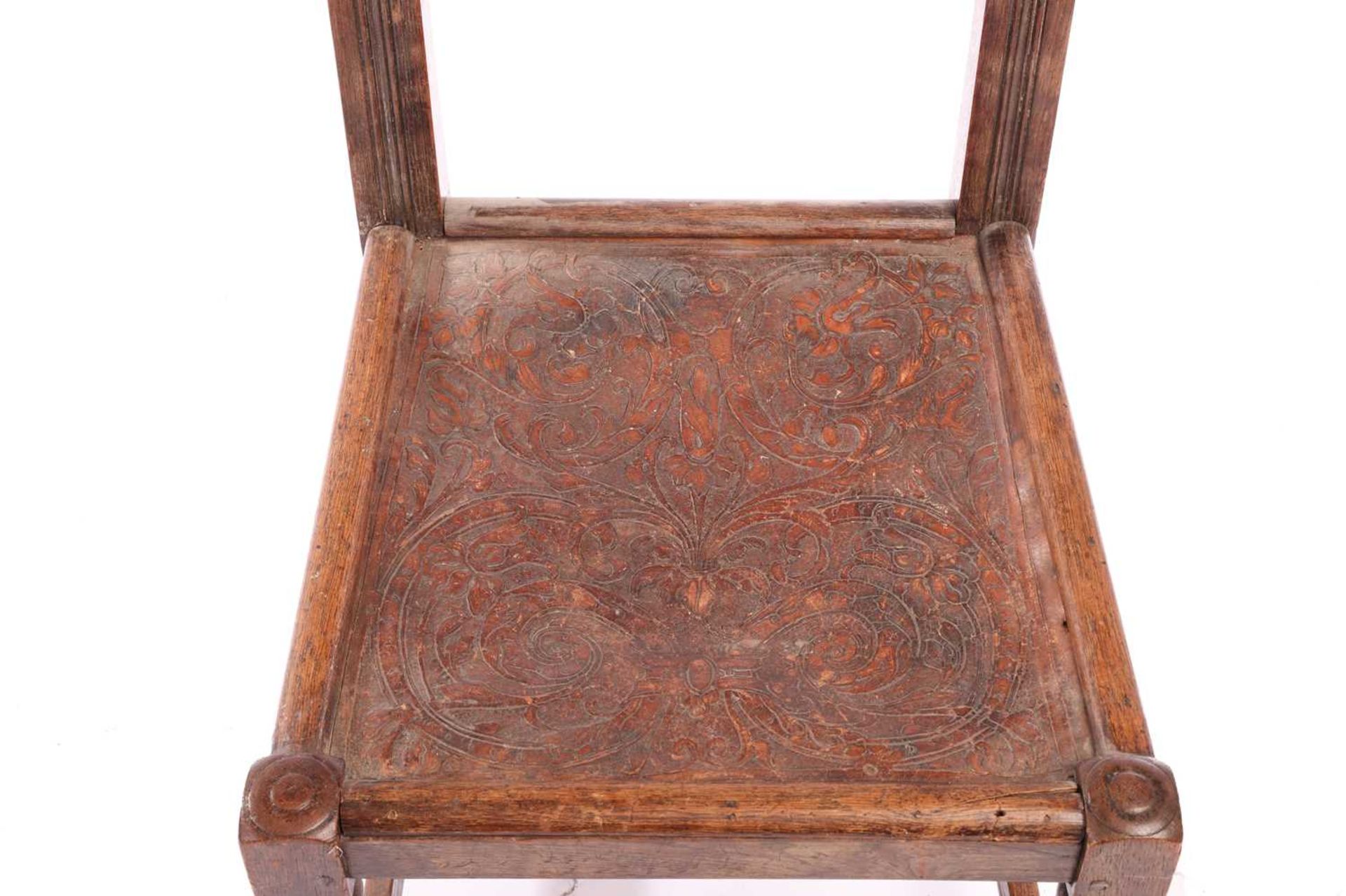 A part 17th century oak South Yorkshire back stool with "Portuguese" worked leather seat. over a tur - Image 5 of 7