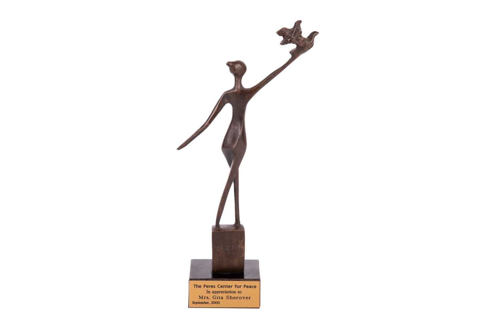 Razia Gershon (b.1931) Israeli, an abstract patinated bronze figure of a woman with two doves, prese - Image 2 of 4