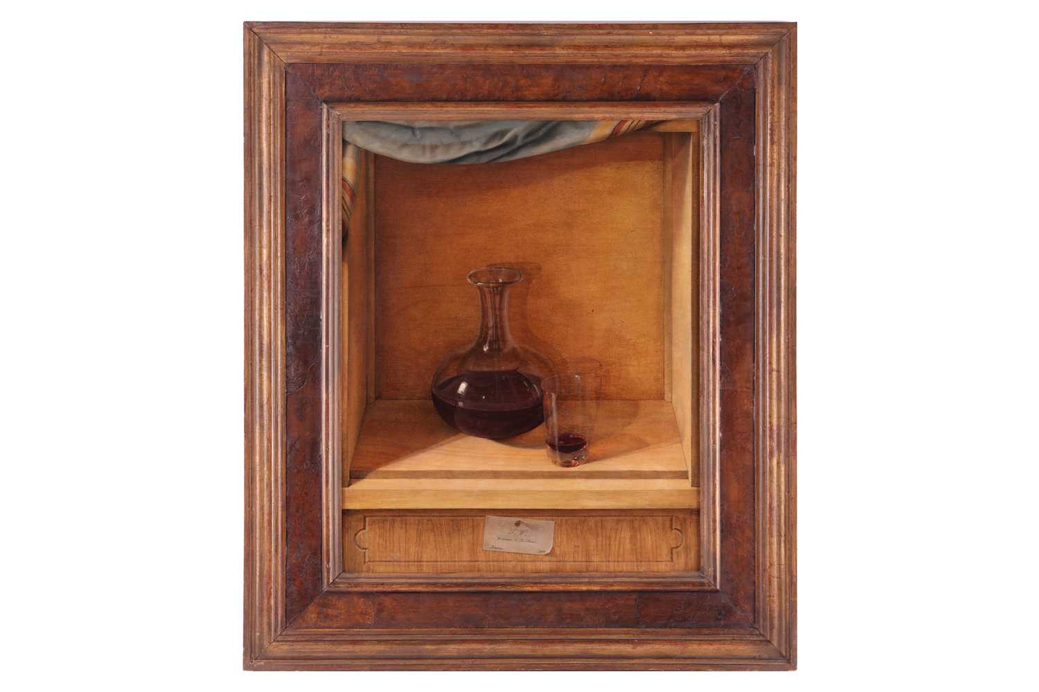 T.W. (English School, 20th century), Still life of a flask of red wine and glass, inscribed below 'T