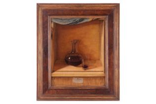 T.W. (English School, 20th century), Still life of a flask of red wine and glass, inscribed below '