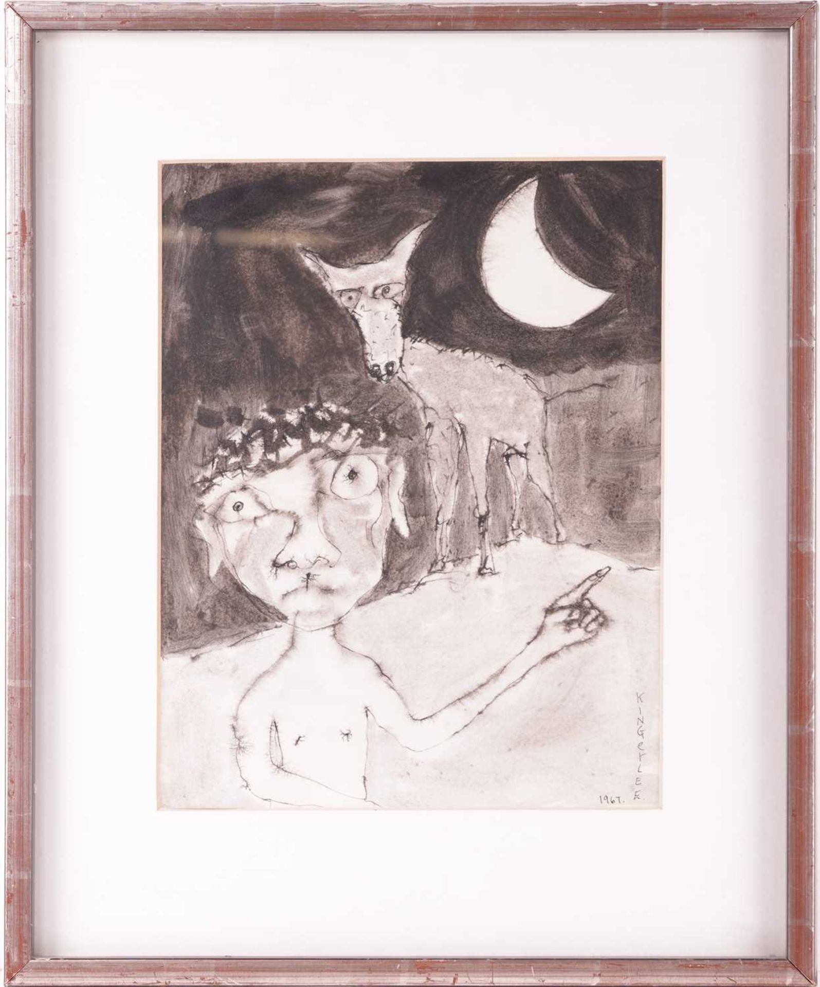 John Kingerlee (b 1936), Figure and dog in moonlight, signed 'Kingerlee 1967' (lower right), pen and - Image 2 of 8
