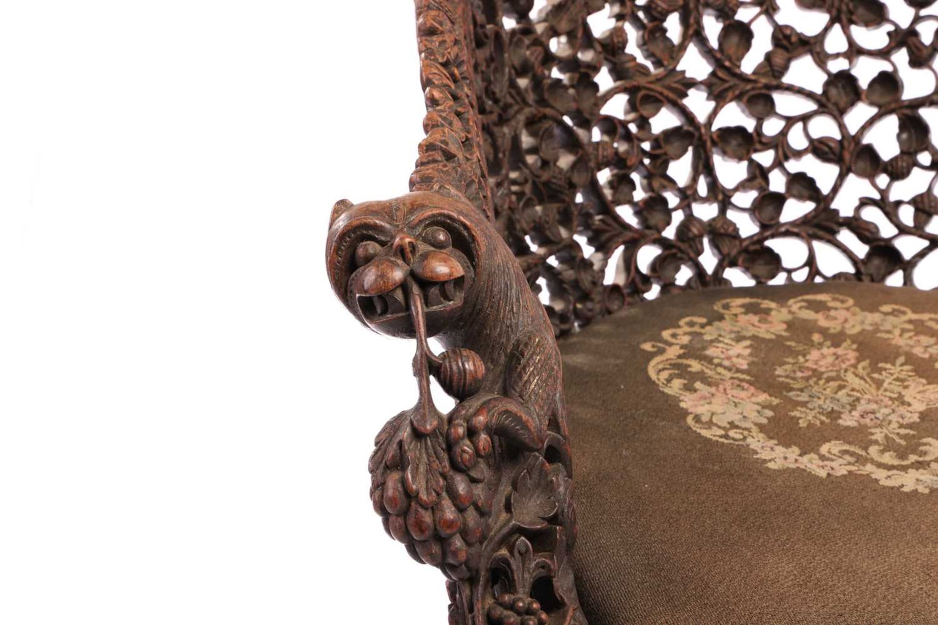 A Bombay Presidency carved rosewood arched back armchair, C1860s profusely carved with Indian strawb - Image 3 of 16