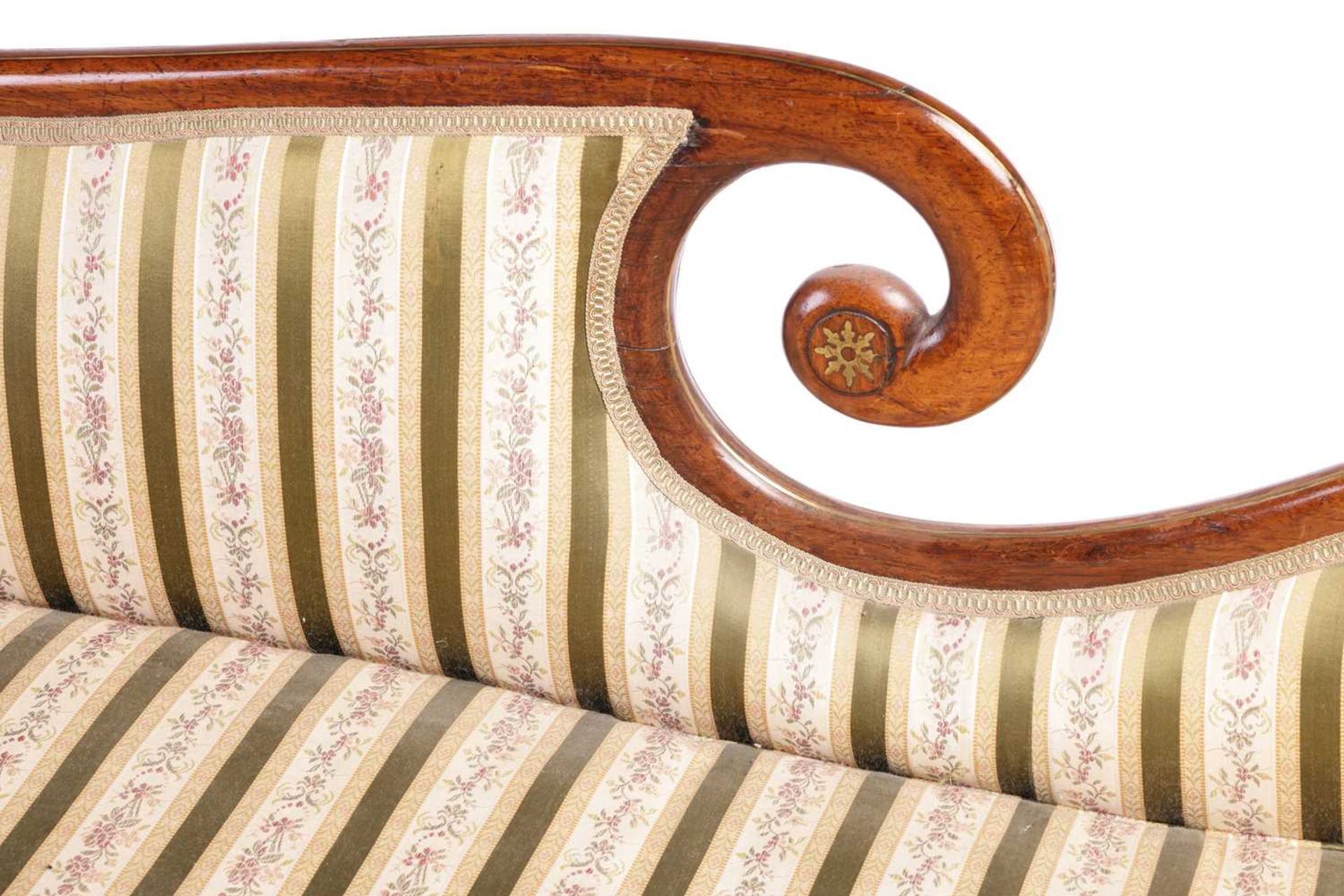 In the manner of John McLean a Regency brass inlaid rosewood double scroll chaise longue, with spent - Image 5 of 11