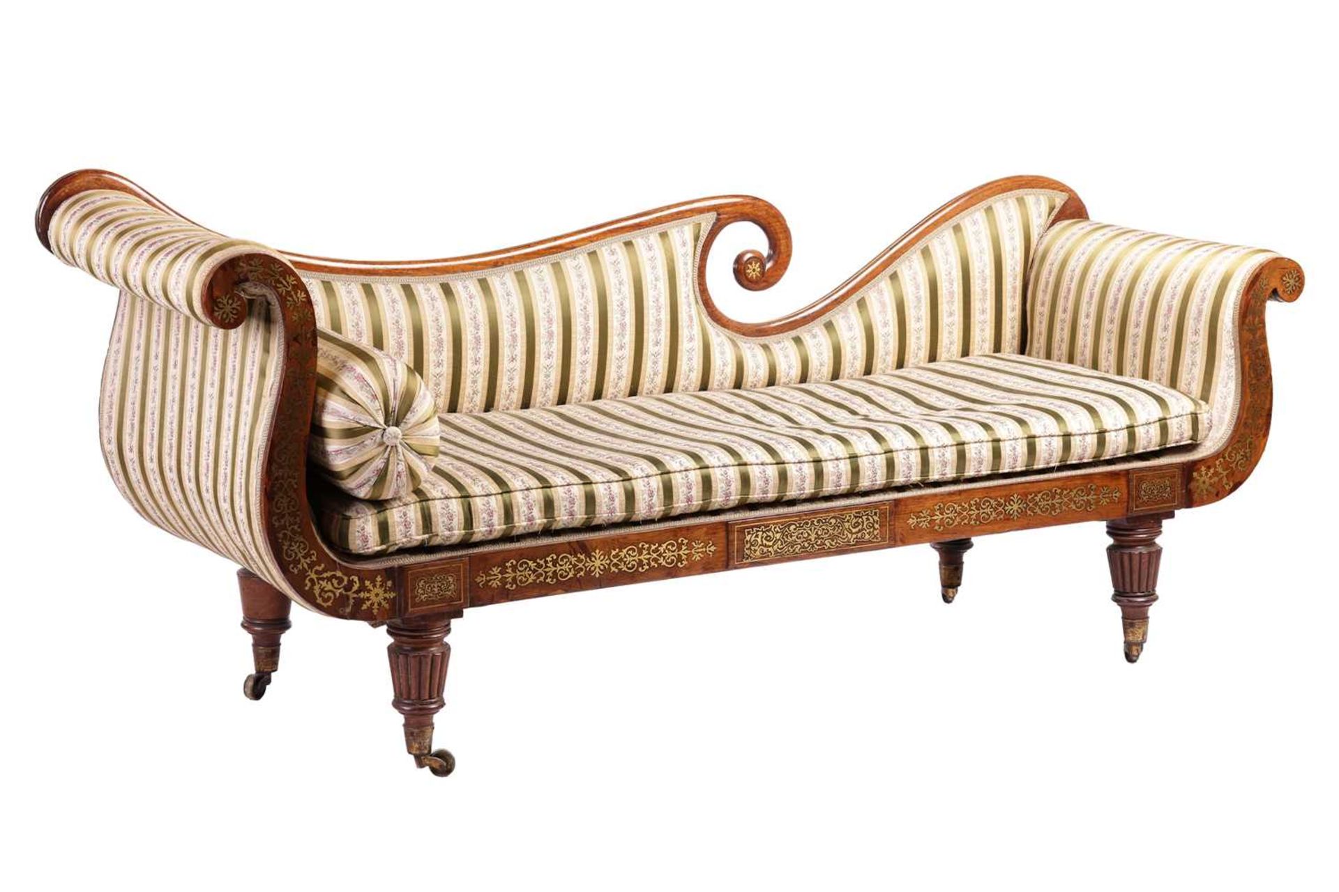 In the manner of John McLean a Regency brass inlaid rosewood double scroll chaise longue, with spent - Image 2 of 11