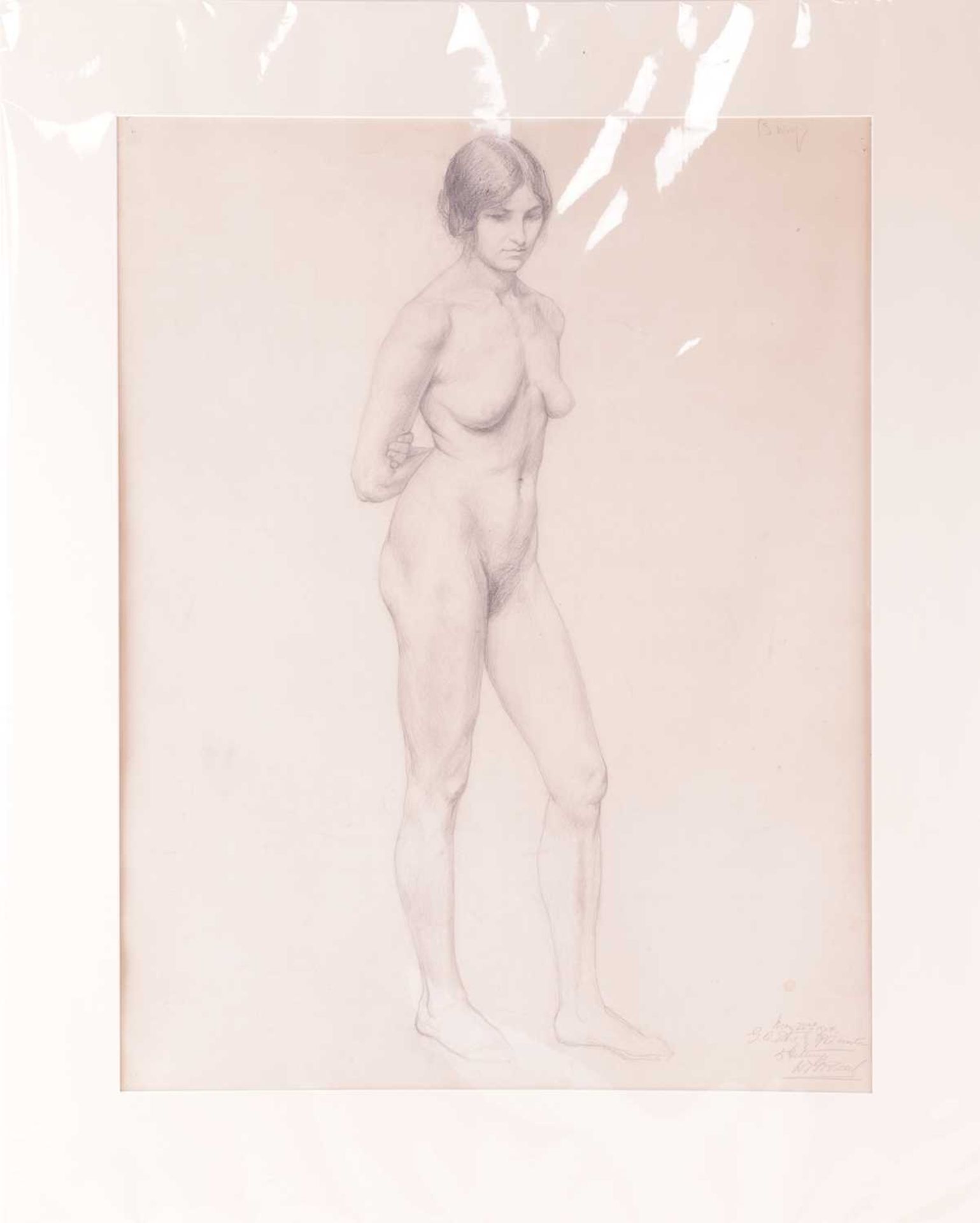 Gaynor Elizabeth Bury (1890 - 1975), Royal Academy Schools study of a standing female nude, inscribe - Image 3 of 17
