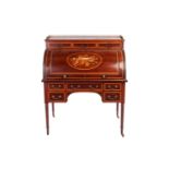 A Hobbs &amp; Co, Edwardian 'plum pudding' mahogany and marquetry cylinder writing bureau with a thr