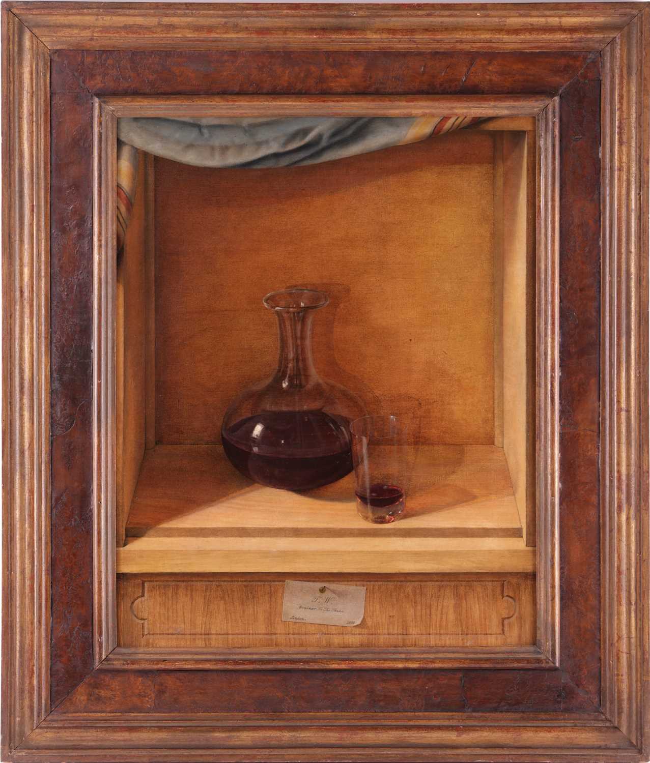 T.W. (English School, 20th century), Still life of a flask of red wine and glass, inscribed below 'T - Image 2 of 8
