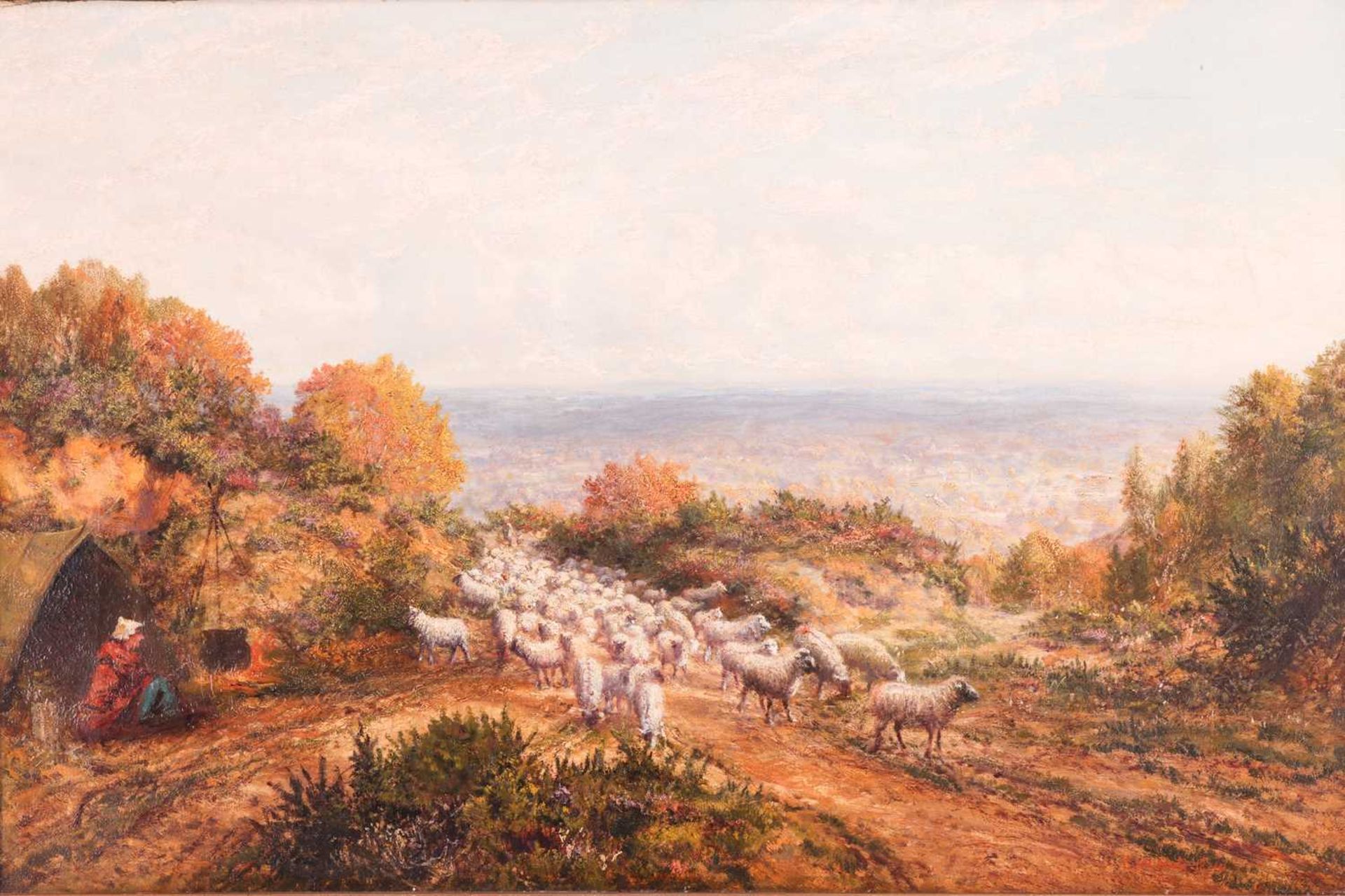 George William Mote (1832 - 1909), Landscape with a flock of sheep and traveller on a roadside, sign - Image 2 of 5