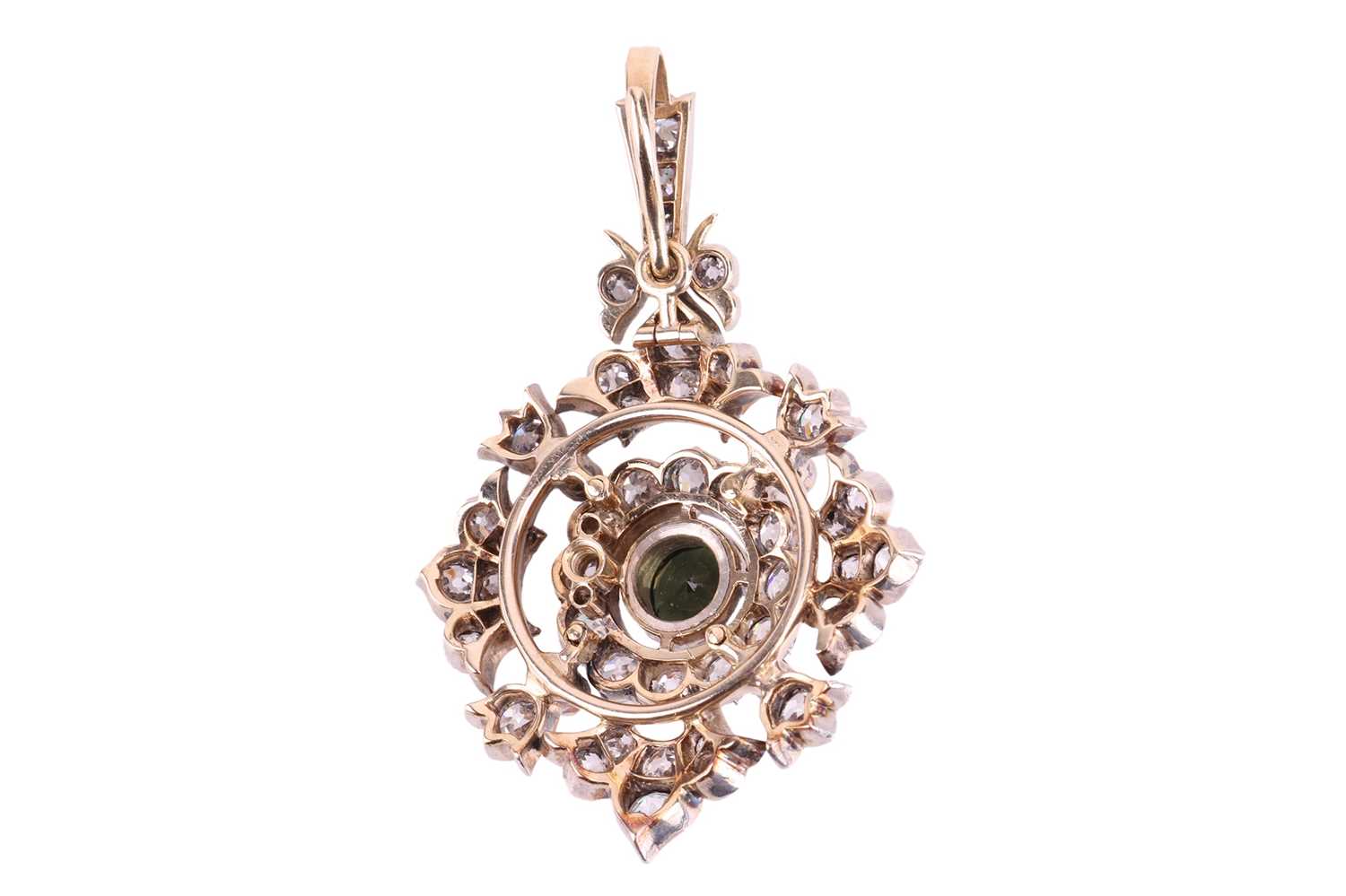 An Edwardian diamond and tourmaline guirlande pendant, with a round centrally-set dark green tourmal - Image 3 of 3