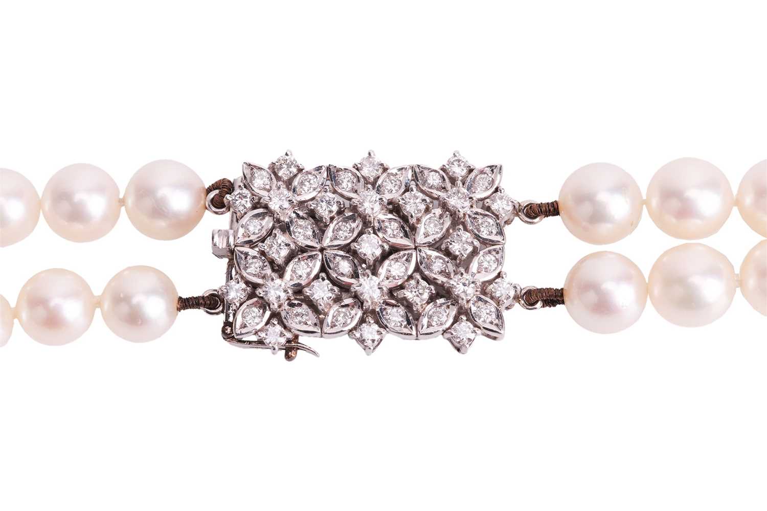A double-row cultured pearl necklace with diamond clasp, together with a pair of pearl and diamond c - Image 3 of 7
