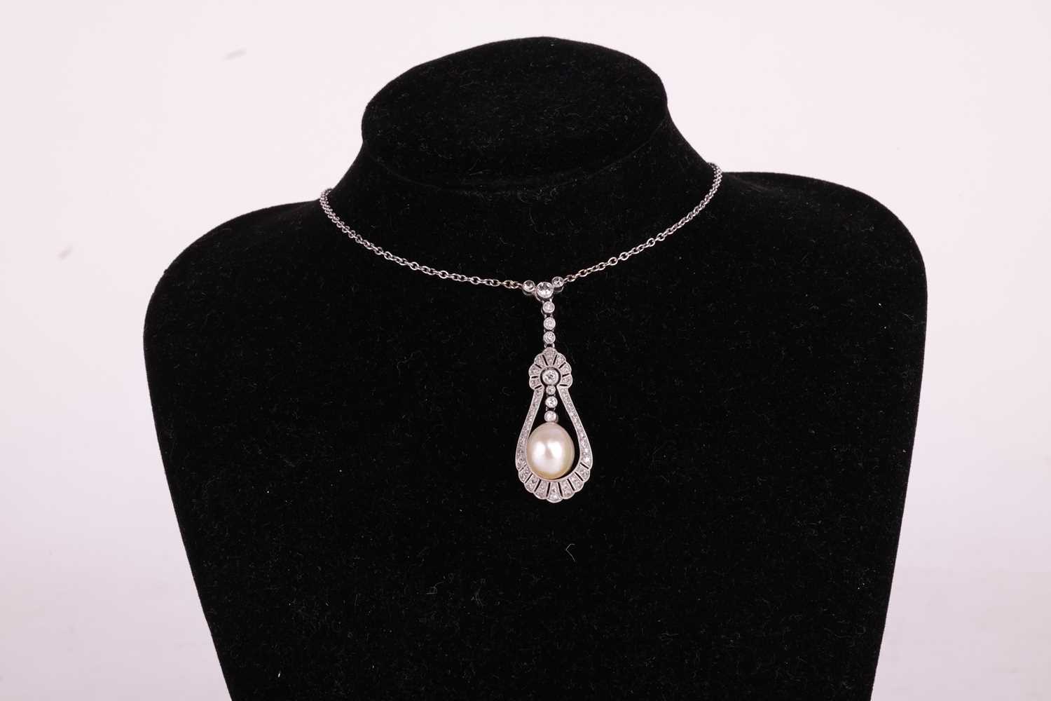 A natural saltwater pearl and diamond lavalier necklace, circa 1920s, featuring an egg-shaped pearl  - Image 4 of 4