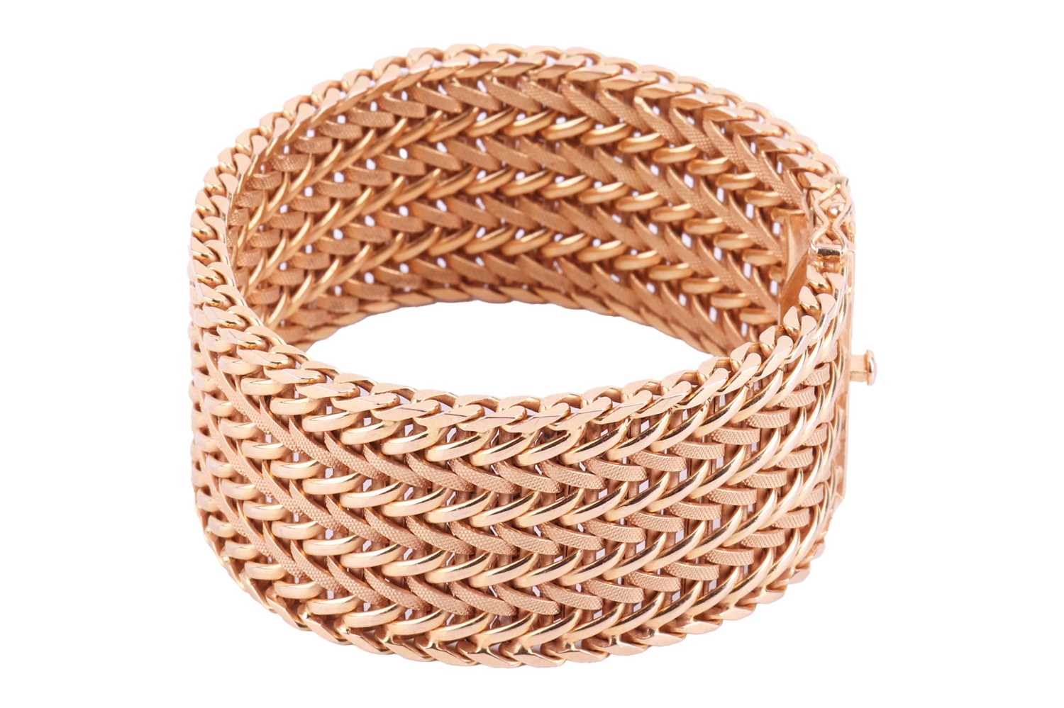 A wide woven link bracelet, flat with textured details, completed with a concealed push button clasp - Image 3 of 6