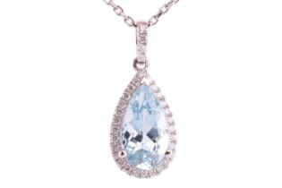 An aquamarine and diamond pendant, featuring a pear cut aquamarine with an estimated weight of 1.55c