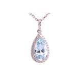 An aquamarine and diamond pendant, featuring a pear cut aquamarine with an estimated weight of 1.55c