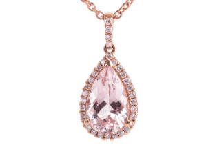 A morganite and diamond-set pendant, the pear-shaped morganite with an estimated carat weight of 2.0