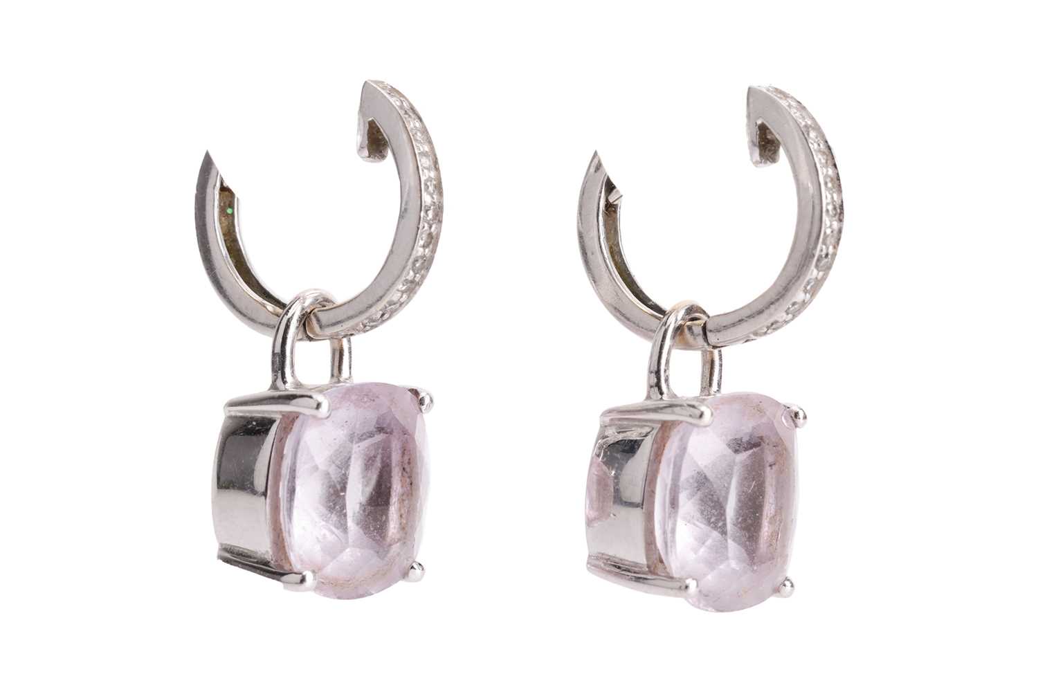 A pair of amethyst and diamond drop earrings, each comprising a diamond-set hoop surmount, suspendin - Image 2 of 4