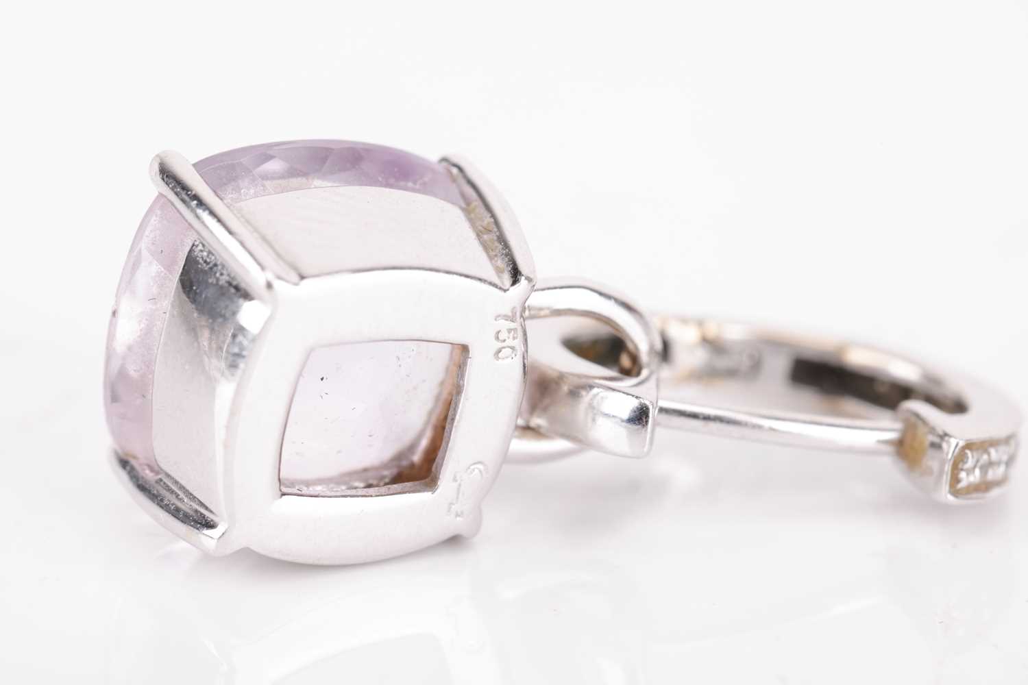 A pair of amethyst and diamond drop earrings, each comprising a diamond-set hoop surmount, suspendin - Image 4 of 4